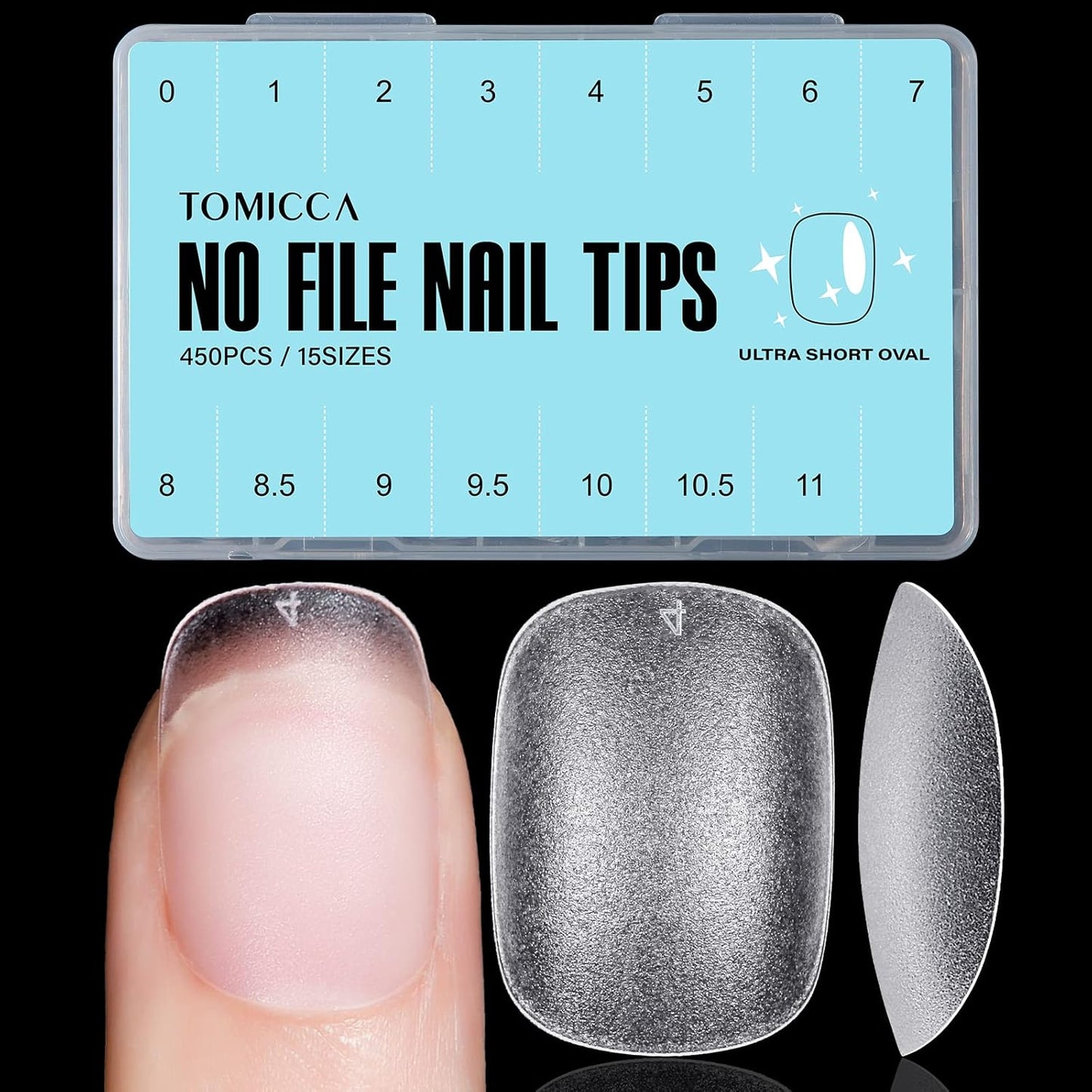 TOMICCA Extra Short Oval Nail Tips - 450Pcs Acrylic Nail Tips, 15 Sizes Fake Gel Tips, Double-sided Matte Full Cover Gel Tips for Nail Extensions