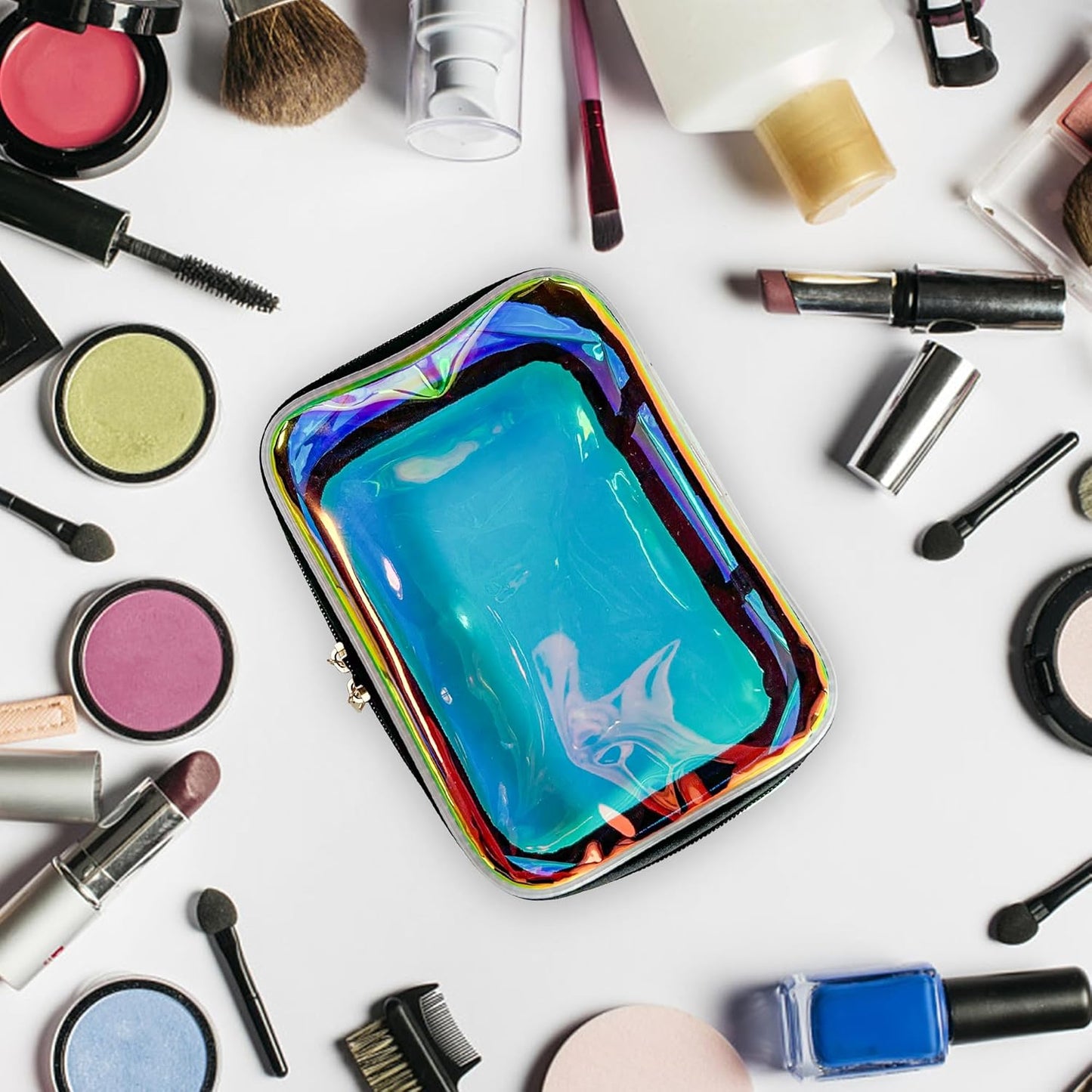 7.8"X5.5"X3.1" TPU Blue Laser Clear Toiletry Pouch Waterproof Cosmetic Organizer with Large Capacity & Zipper Clouse for Pool Beach Travel Concert Sports Commute