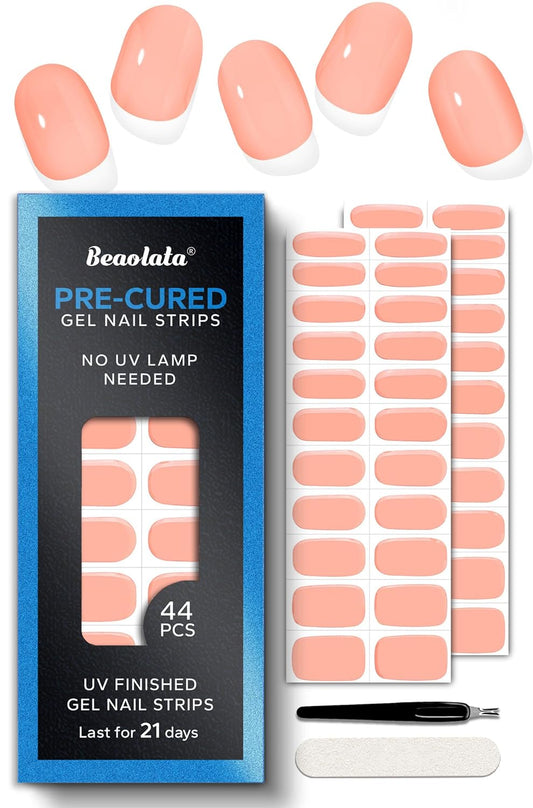 Pre Cured Gel Nail Strips - 44PCS Salon Quality Gel Nail Stickers - Long Lasting Polish Wraps for Women no UV Light Needed Easy Apply& Remove (Desert Sand Nude)