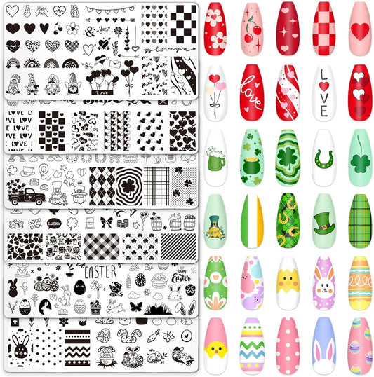 Whaline 6Pcs Valentine's Day St. Patrick's Day Easter Nail Plates Stamping Set Heart Shamrock Egg Stamp Templates Nail Art Plates for DIY Print Manicure Salon Design
