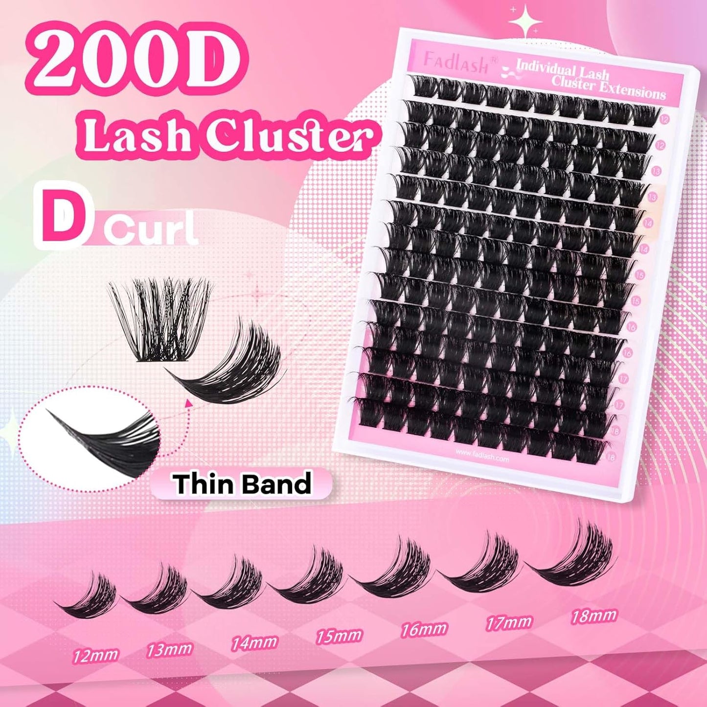 FADLASH Cluster Lashes D Curl Wispy Individual Lashes DIY Eyelash Extension Natural Look Reusable Fluffy Cluster Eyelash Extensions Self Application at Home (200D-0.07D-12-18MIX)