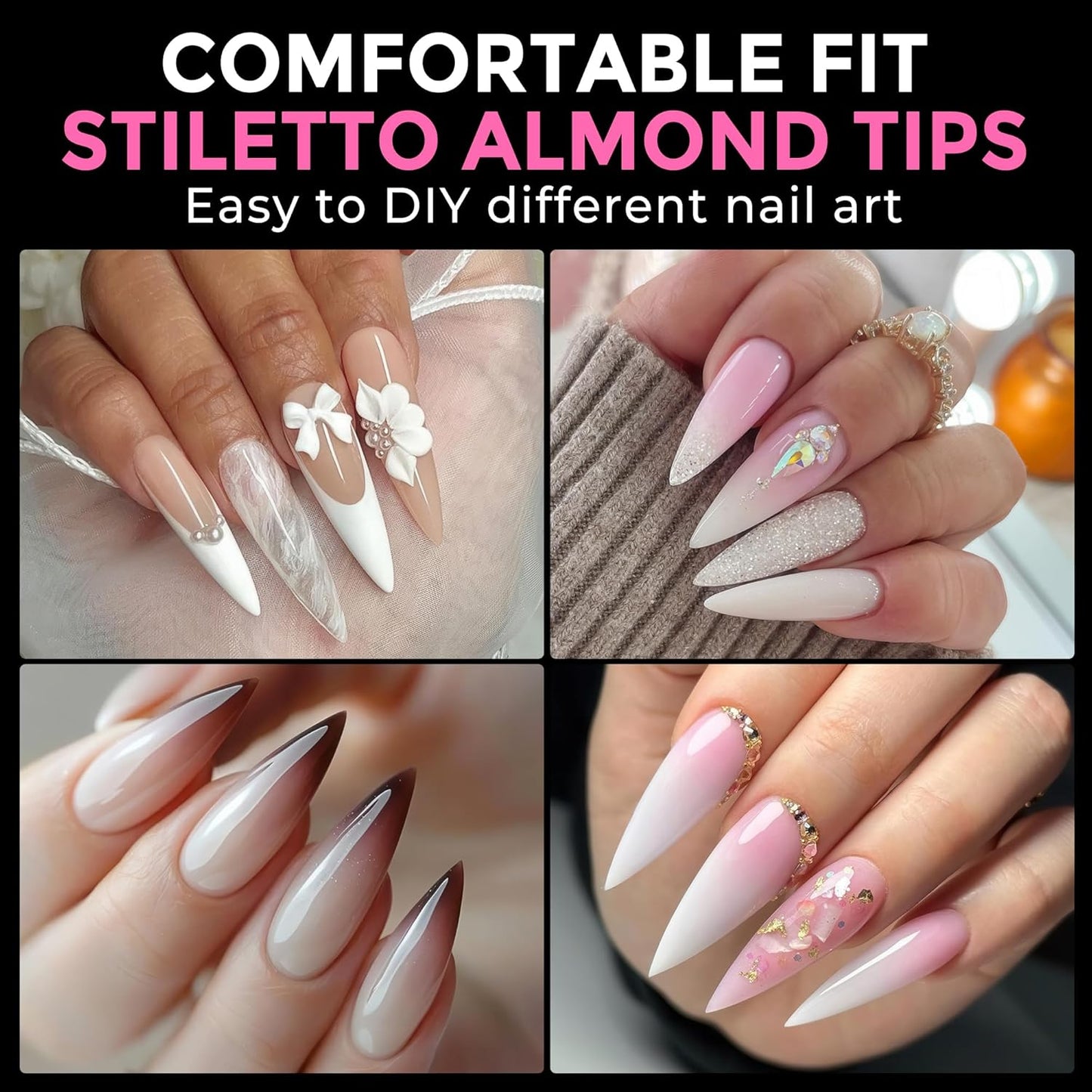 UNA GELLA Long Stiletto Gel Nail Tips: 216pcs Stiletto Almond Fake Nails Pre-Shape Long Almond Press Ons for Full Cover Acrylic French False Nails for Nail Extension Nail Art DIY Salon 12 Sizes