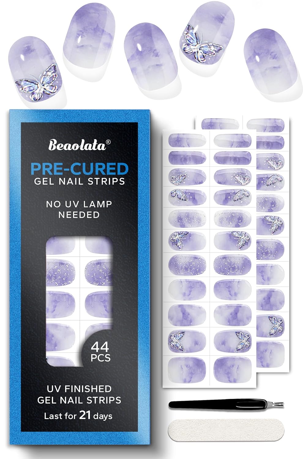 Pre Cured Gel Nail Strips - 44PCS Salon Quality Gel Nail Stickers - Long Lasting Polish Wraps for Women no UV Light Needed Easy Apply& Remove (Dreamy Purple）