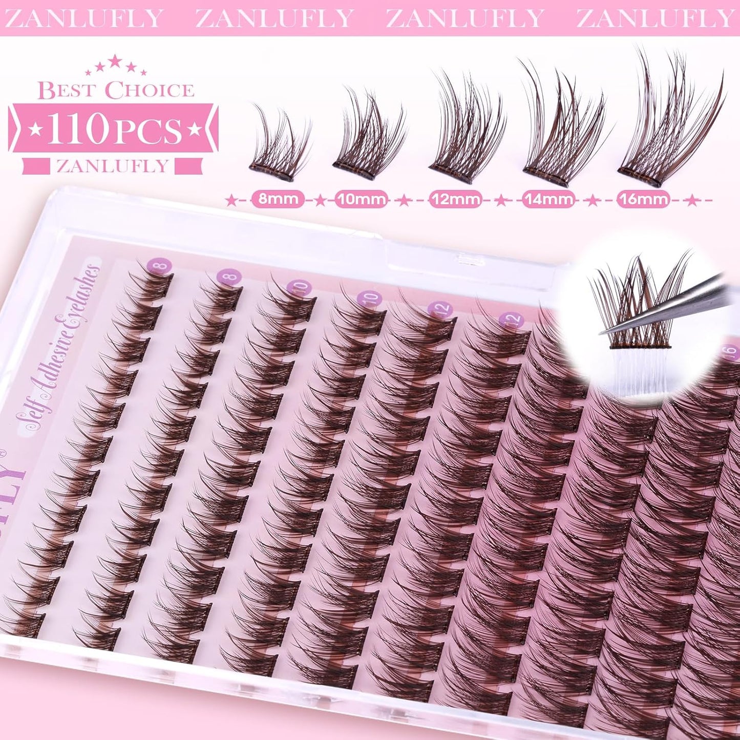 Self Adhesive Eyelashes Brown Self Adhesive Lash Clusters Natural No Glue Lashes Dark Brown Eyelash Extensions Pre-glued Eyelash Clusters Wispy Press on Individual Lashes 8-16mm by ZANLUFLY