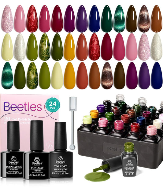 Beetles Cat Eye Gel Nail Polish Set - 20 Colors Fall Gel Polish Nail Set Burgundy Brown Green Nail Polish Glitter Pearl Nail Manicure with Base Coat Matte&No Wipe Top Coat Soak off Gifts