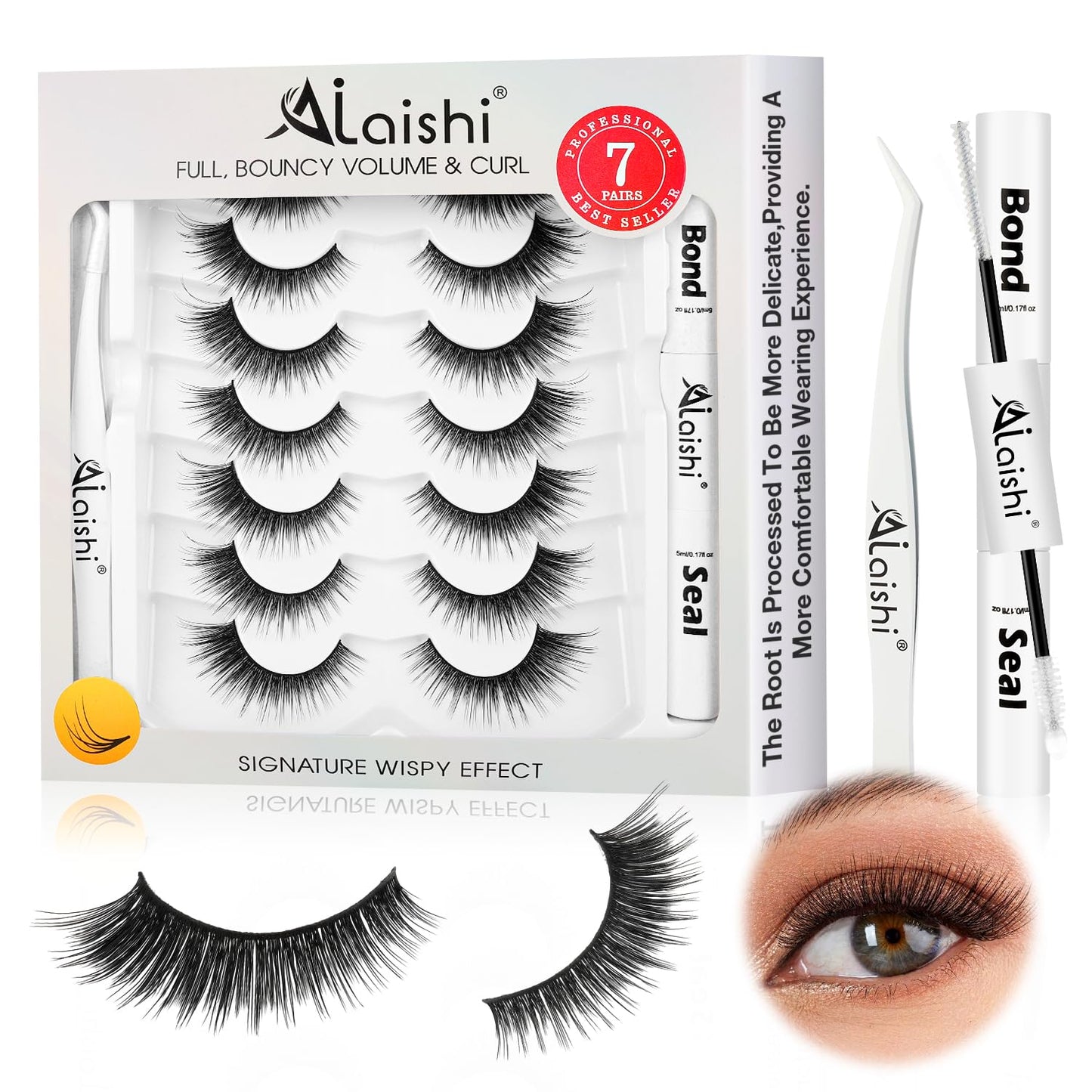 Wispy False Eyelashes Kit With Bond, Seal and Tweezer, 7 Pairs Natural Look Fake Cat Eye Lashes Strips Thin Band Extensions Waterproof Easy Eyelashes for Beginners RQ10
