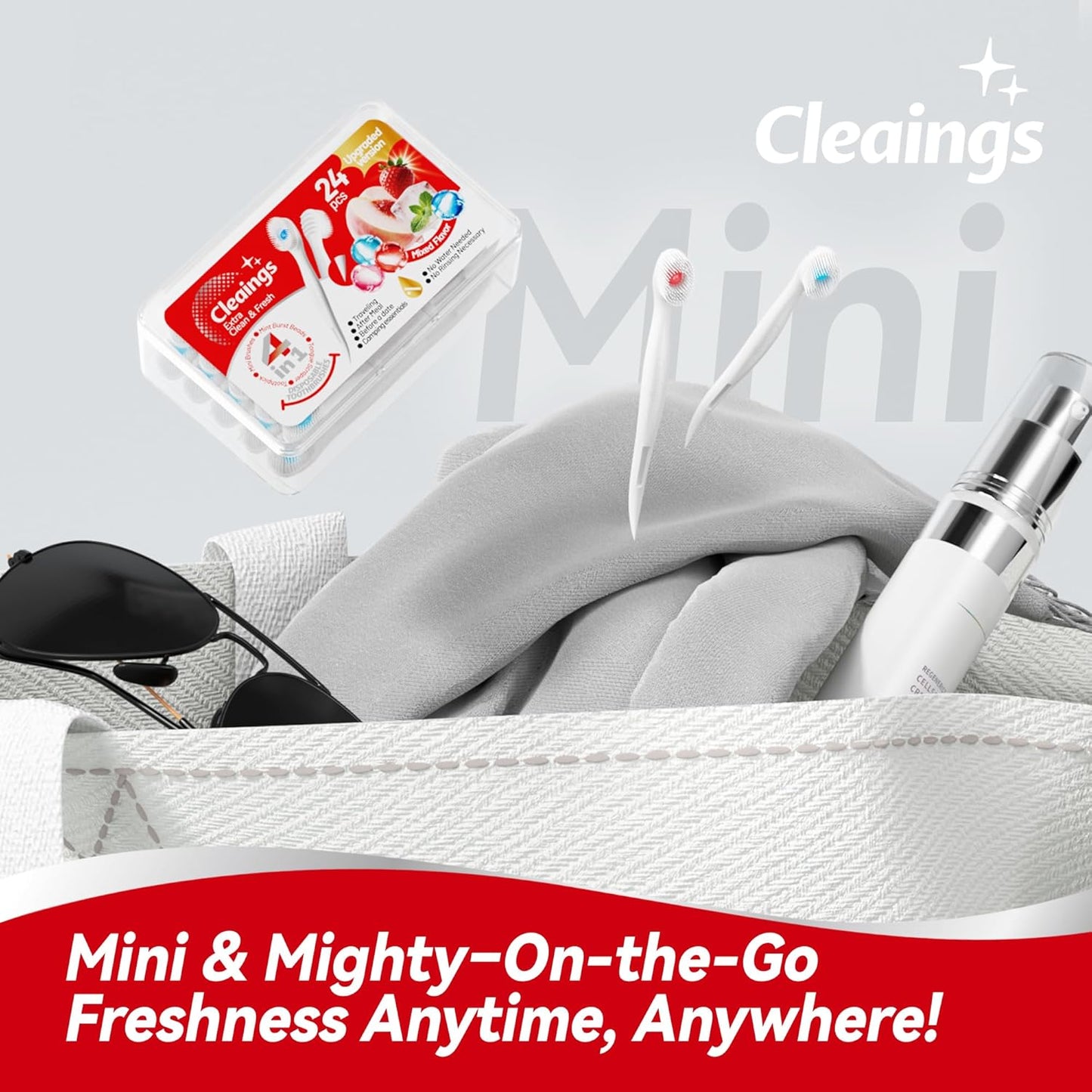 cleaings® Mini Disposable Toothbrush Set with Toothpaste – Travel Essentials, Portable Toothbrush for Women & Men, Camping, Road Trip, Vacation, 24 Count-Ice Strawberry Flavor（Pack of 1）