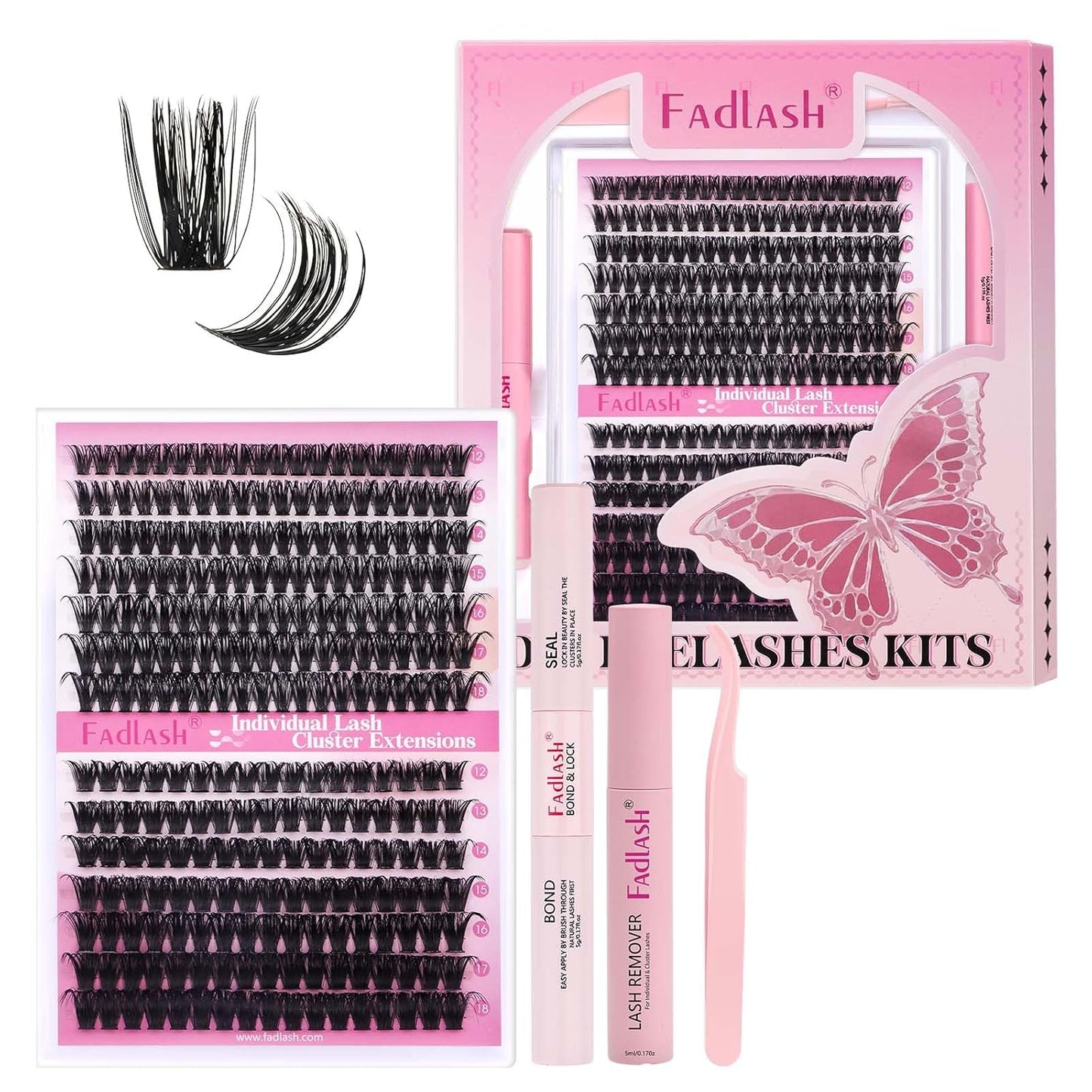 FADLASH Lash Extension DIY Kit Lash Clusters D Curl Cluster Lashes with Lash Bond and Seal Cluster Lashes Glue Remover Lash Tweezers for DIY Eyelash Extension at Home（Kit 60D+80D-0.07D-12-18MIX）