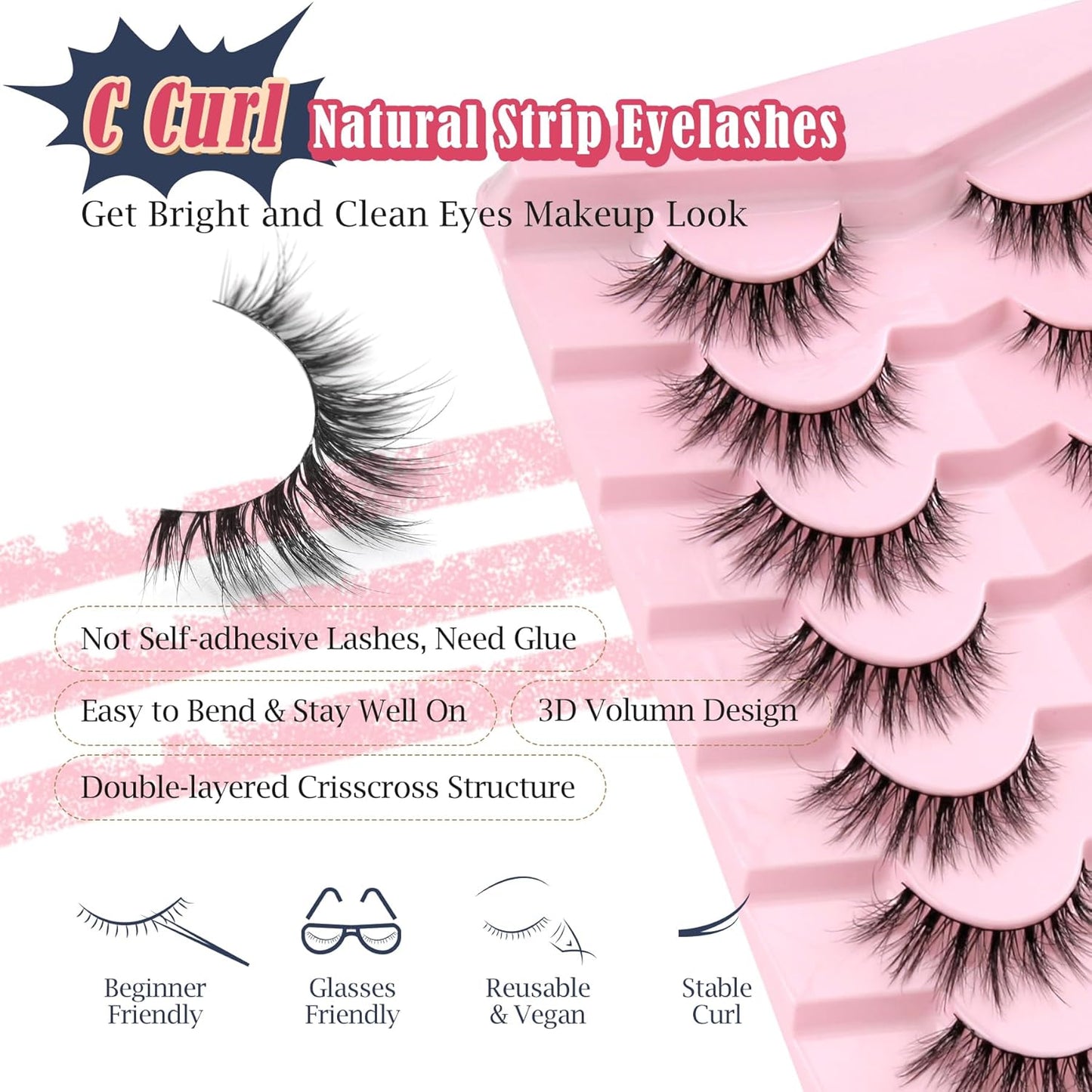 Lashes Natural Cat Eye Lashes Wispy Eyelashes 15mm False Eyelashes Wispy Lashes 3D Volume Strip Eyelashes Thin Cotton Band Soft Fake Eyelashes False Lashes Pack 7 Pairs Siligli