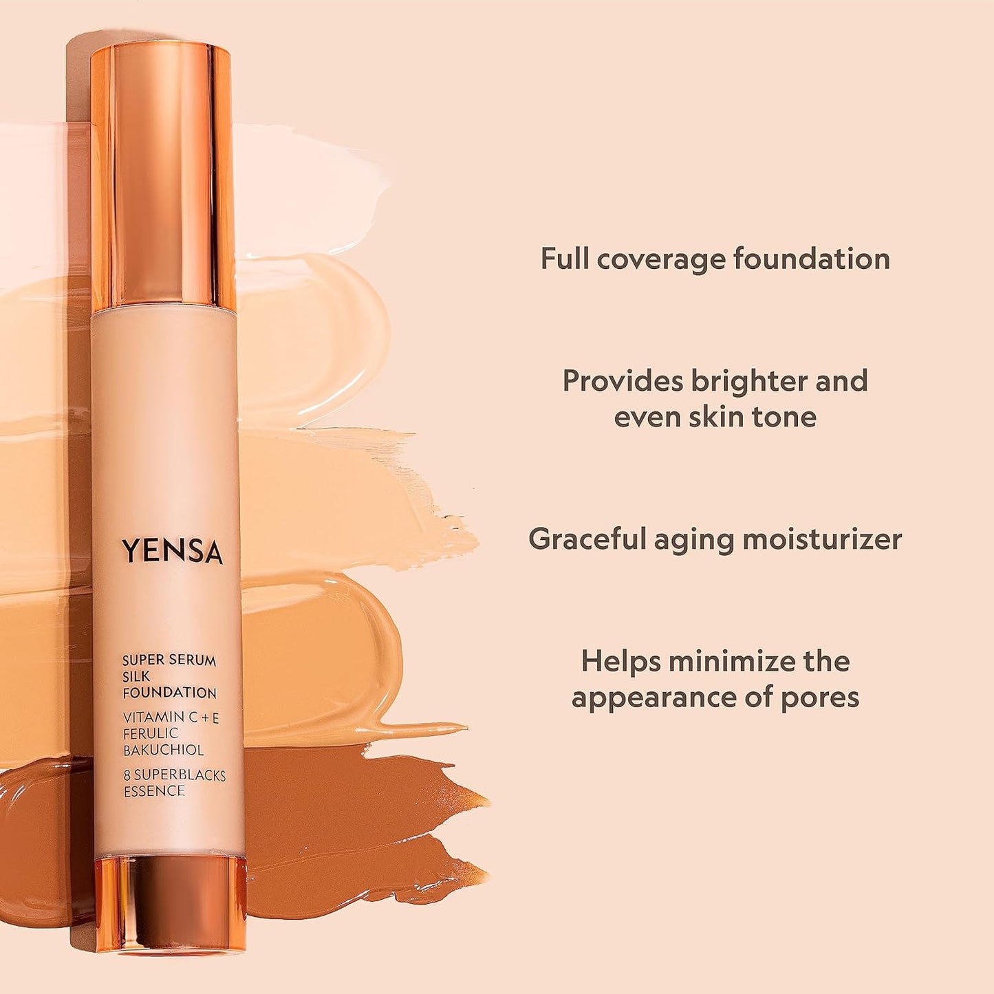 YENSA Super Silk Foundation - Full Coverage, Age-defying complex of Vitamin C, E, Ferulic, and Bakuchiol Oil (Deep 1) 1.0 fl oz