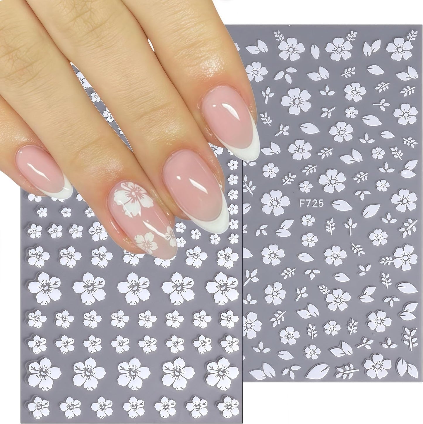 Flower Nail Stickers 3D Self-Adhesive Cute White Cherry Blossoms Decals Spring and Summer Leaves Flowers Design Supplies for Woman Girls DIY Manicure Decorations 8 Sheets