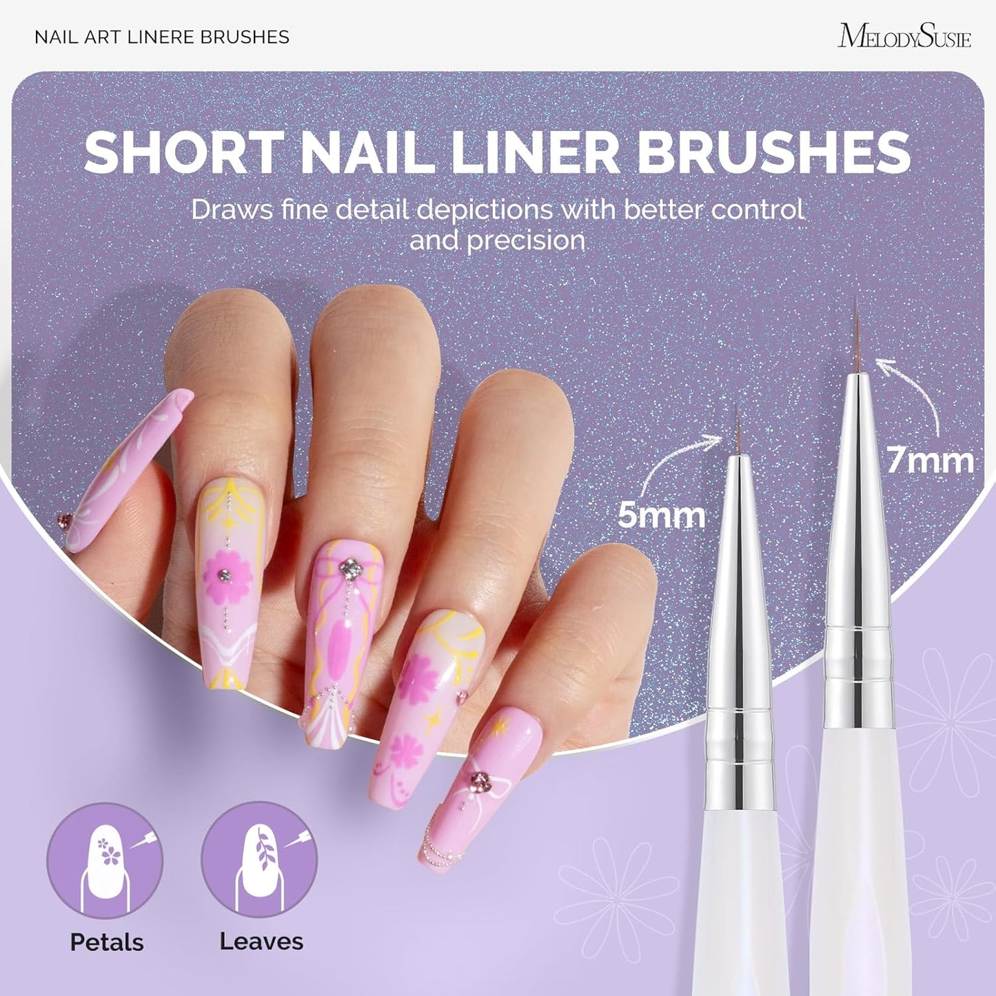 MelodySusie 5Pcs Nail Art Liner Brushes Professional Gel Polish Painting Art Design Pen Set for Thin Long Lines, Tiny Details, Fine Drawing, Delicate Coloring Sizes 5/7/9/11/20mm