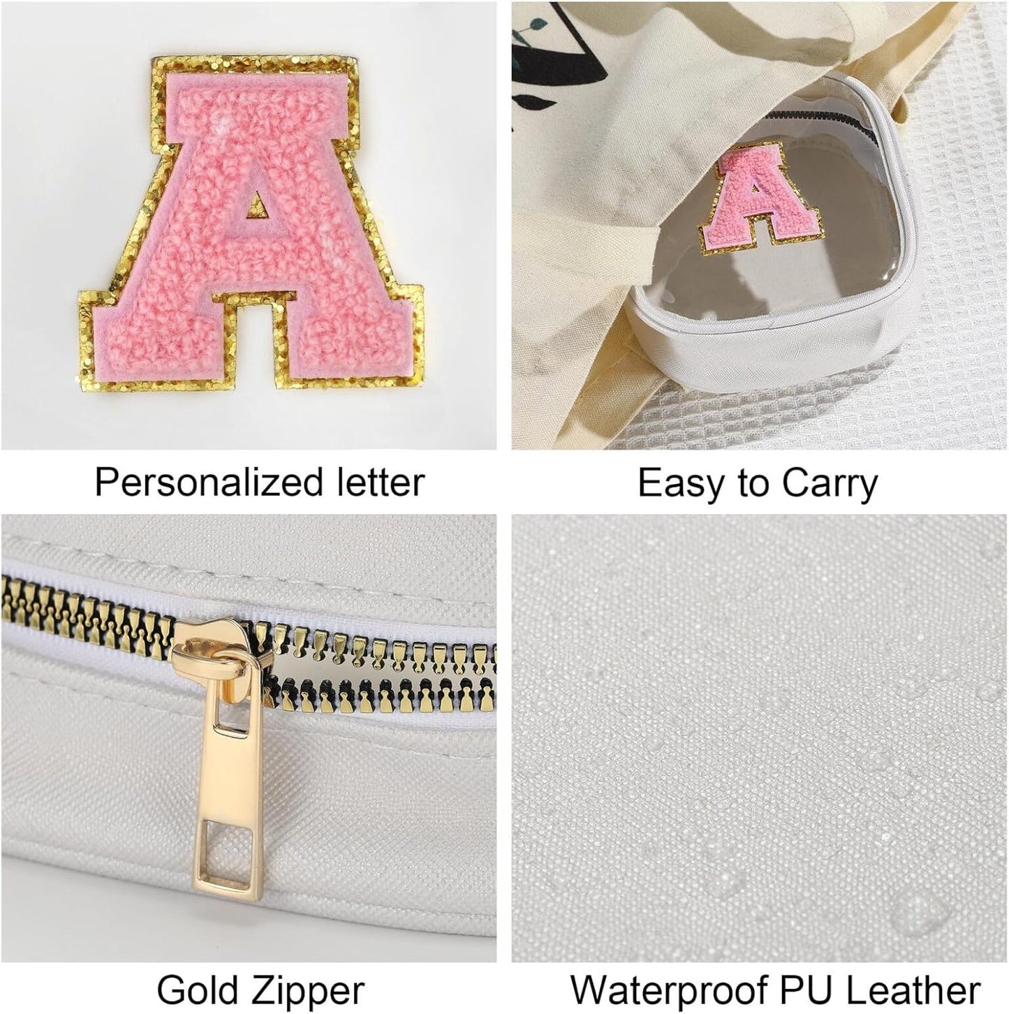 YOOLIFE Initial Make Up Bag Travel Toiletry Bag, Clear Makeup Bag Preppy Cosmetic Bags Organizer Travel Essentials Gifts for Women Teen Girlfriend Teacher Mom Birthday Mothers Day Gifts White L