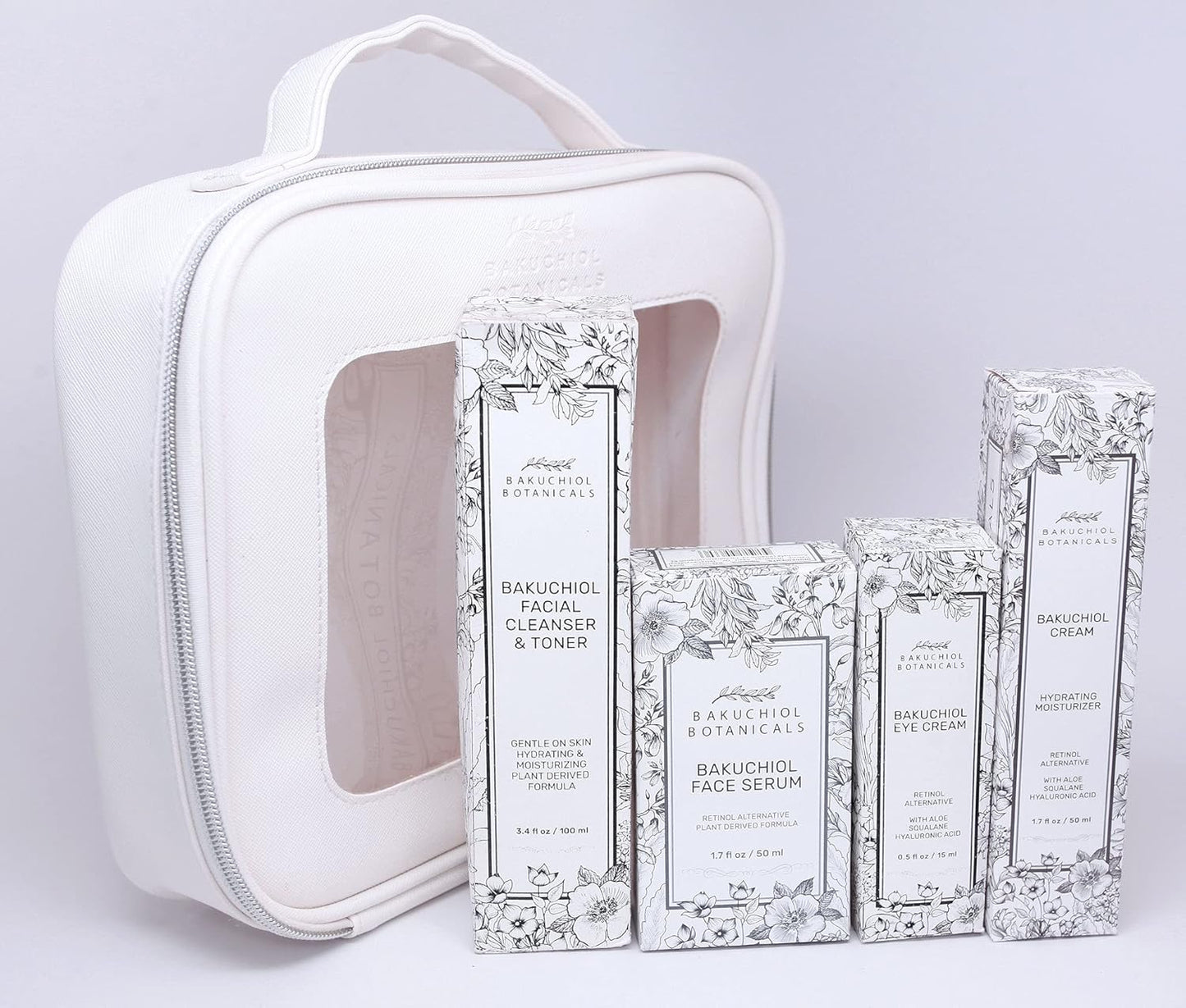 Bakuchol Botanicals Gift Set with Travel Case, Includes Face Serum, Toner & Cleanser All-in-One, Eye Cream, Moisturizer