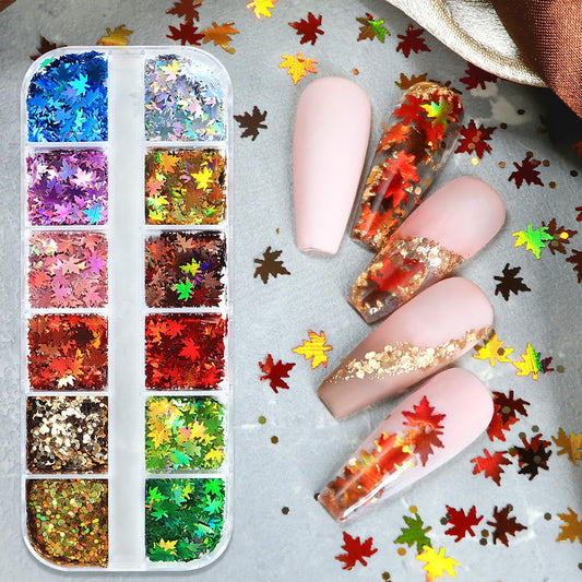 Thanksgiving Glitters Nails Sequins Fall Nail Glitter Sequins Autumn Maple Leaf Flakes Design Nails Charms Holographic Mixed Color 3D Confetti Maple Leaves Nails Glitter for Women