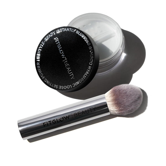 Fitglow Beauty Bamboo Hyaluronic Loose Setting Powder + Brush | Translucent Vegan Organic | Weightless Photo Finish | Pore Blurring | Natural Shine & Oil Control Makeup Finishing Powder | .32 oz / 9g