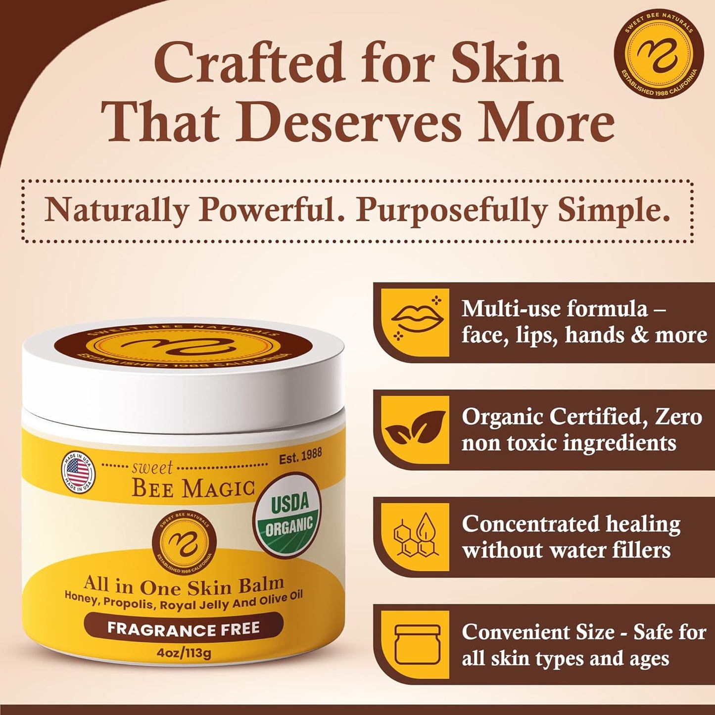 Sweet Bee Naturals - Sweet Bee Magic, All In One Healing Skin Cream. Organic Skin Balm, Small Batch Crafted in USA, 4 Ounce Jar. Certified Organic, 2-4 Ounce Jars (8 Ounce)