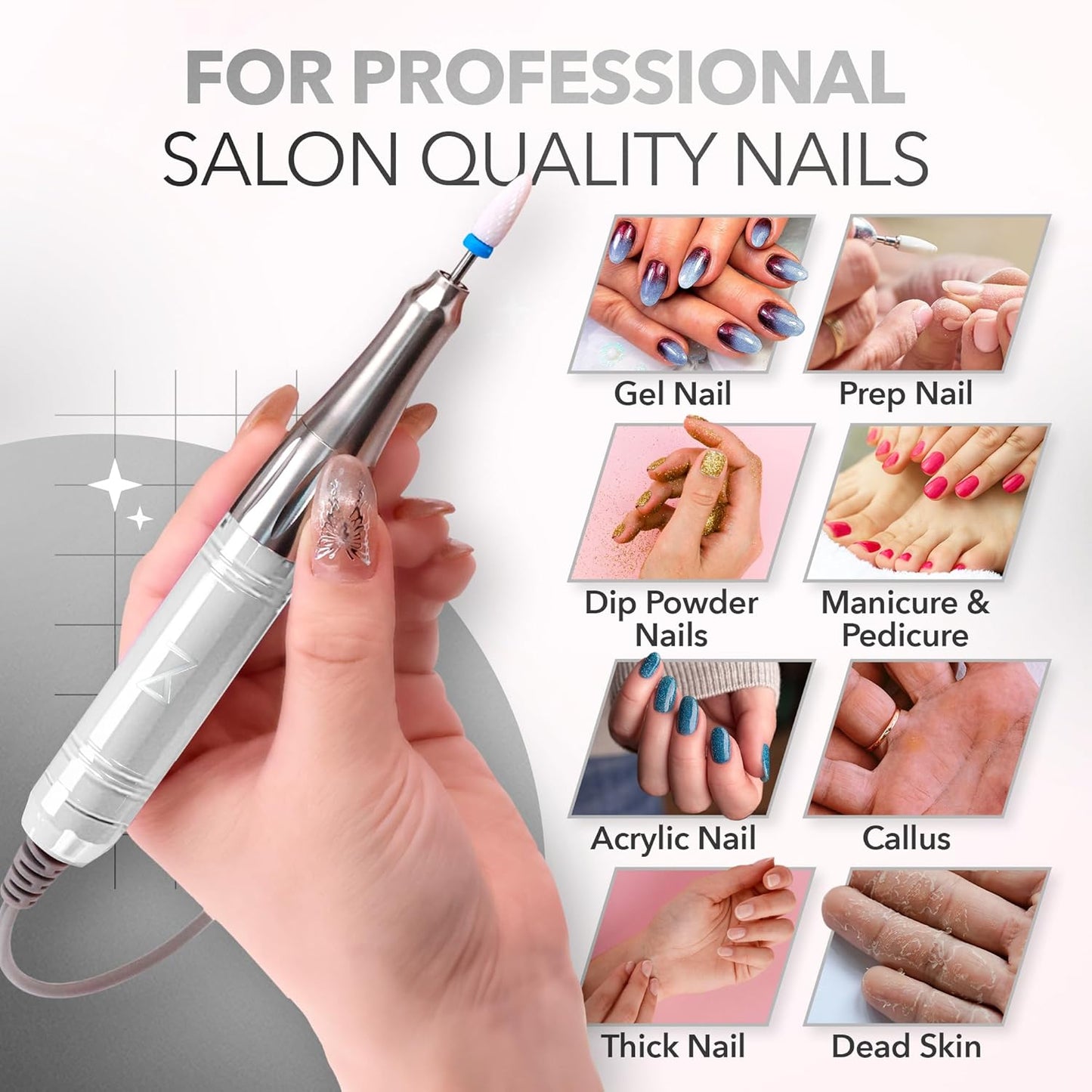 M Mase- Professional Nail Drill Machine - Coreless 2-in-1 Nail File - Electric, Cordless, 35000 RPM, HD Display - Electric Nail Drill for Professional & Home Use (White)