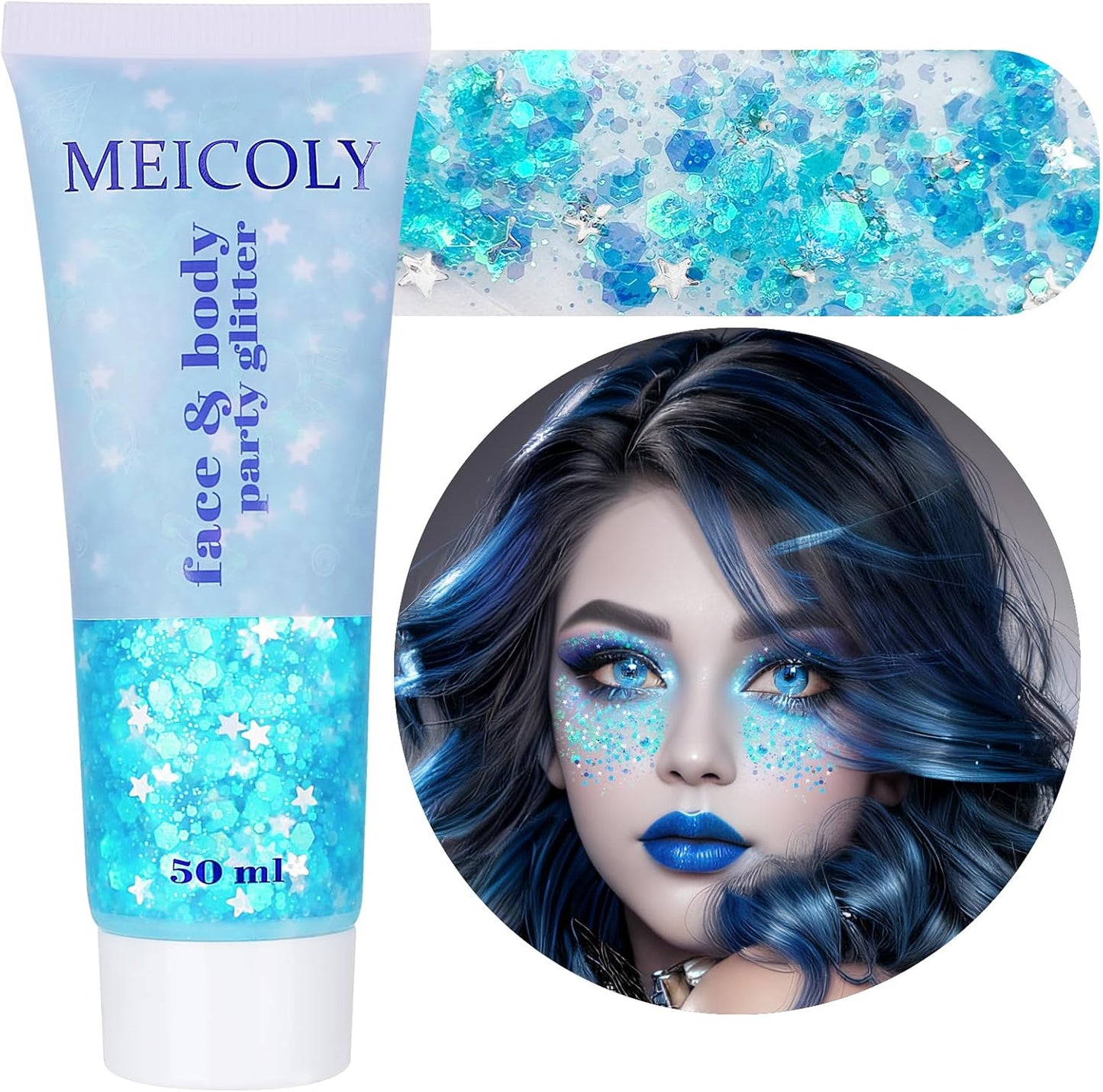 MEICOLY Light Blue Body Glitter,Mermaid Princess Face Glitter Gel,Ice Blue Glitter Face Paint for Halloween,Frozen Birthday Party Decorations,Chunky Glitter for Eye Lip Hair,Festival Rave Glitter Gel