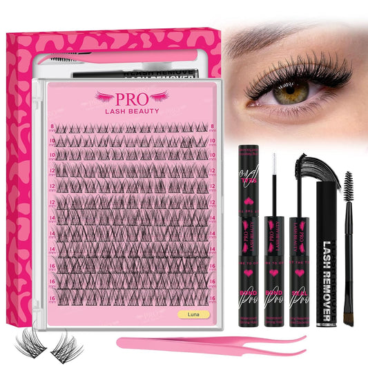 PROLASHBEAUTY Natural Lash Clusters Kit Lash Extension Kit Wispy Lash Clusters Lash Bond Remover Eyelash Applicator Beginner DIY Lashes Kit Easy to Use(Luna,8-16mix)
