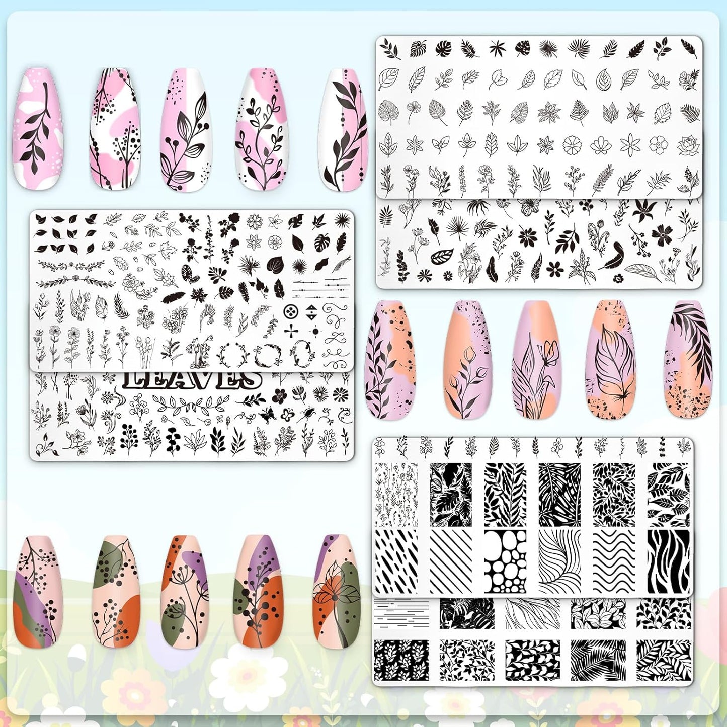 Whaline 6Pcs Spring Floral Leaves Nail Plates Stamping Set Plant Leaves Stamp Templates Nail Art Plates for DIY Print Manicure Salon Design