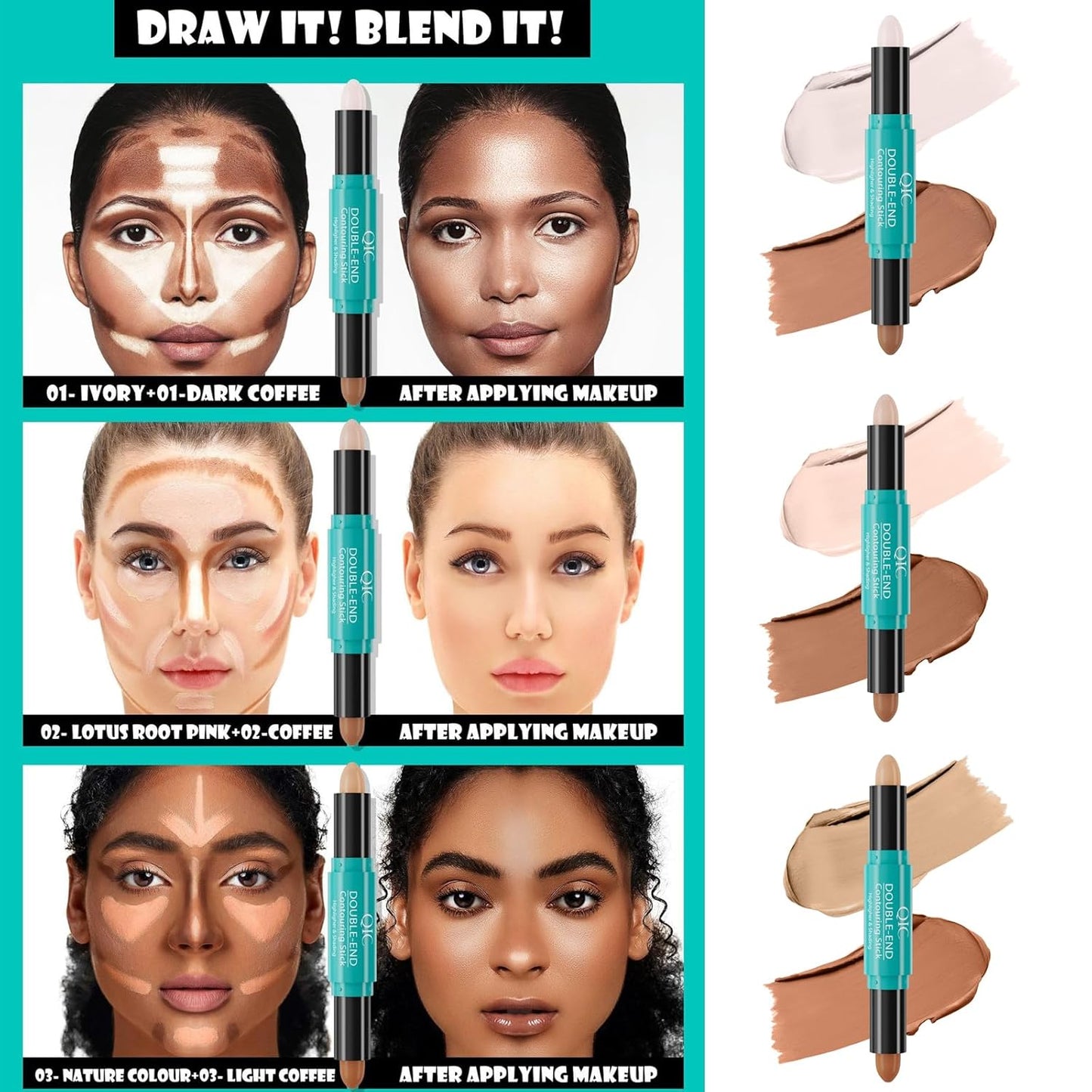 MEICOLY 2-in-1 Highlighter Contour Stick,Cool Toned Contour Stick,Makeup Highlighter Stick,Long Lasting Waterproof Bronzer Contour Pencil,Travel Cream Face Shaping Stick,03