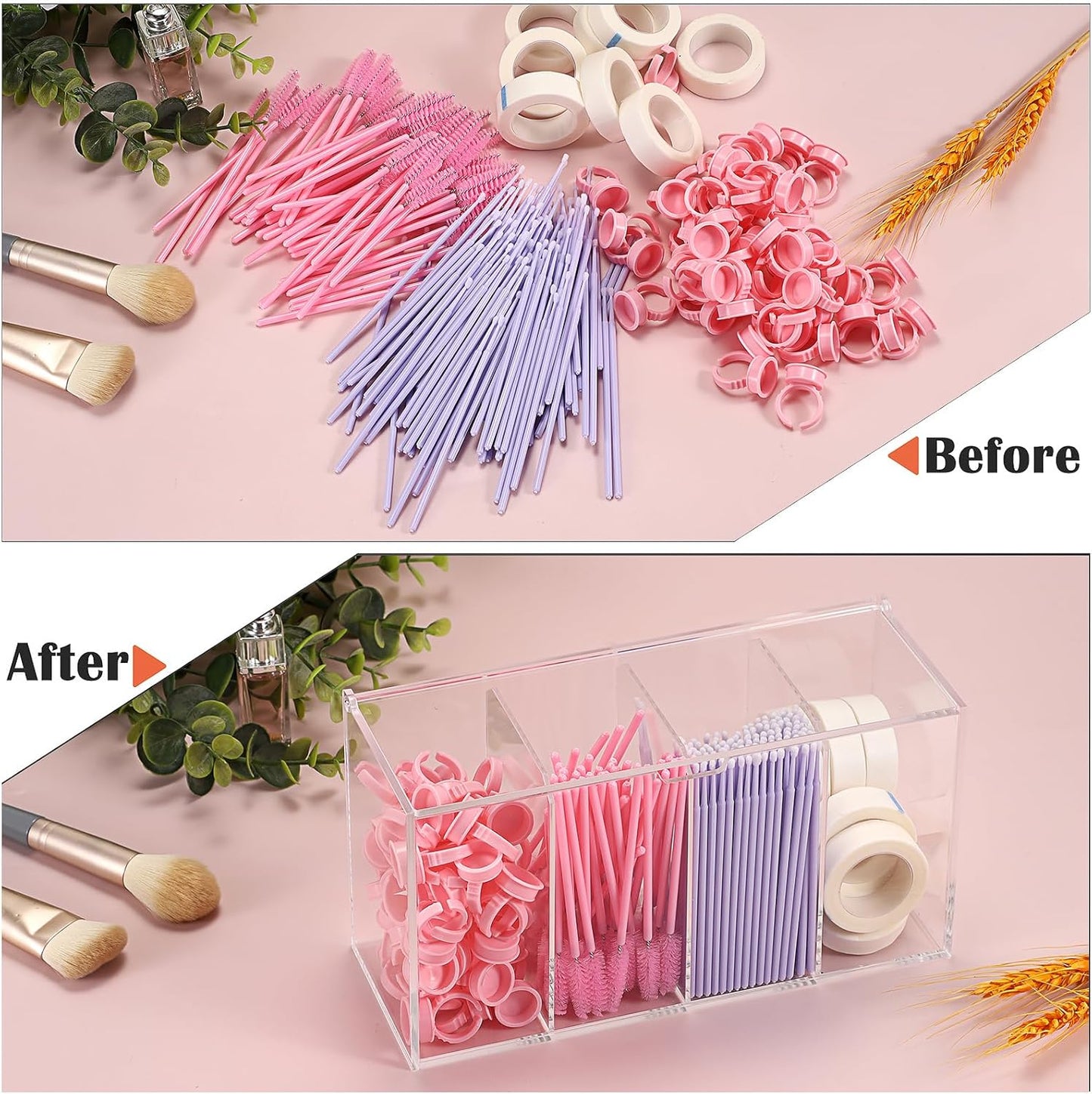 ELLDOO Lash Extension Organizer Box with Lid, Acrylic Eyelash Supplies Organizer Storage Box, 4 Compartments Bathroom Supplies Storage Container for Cotton Swabs, Balls, Pads, Floss Picks