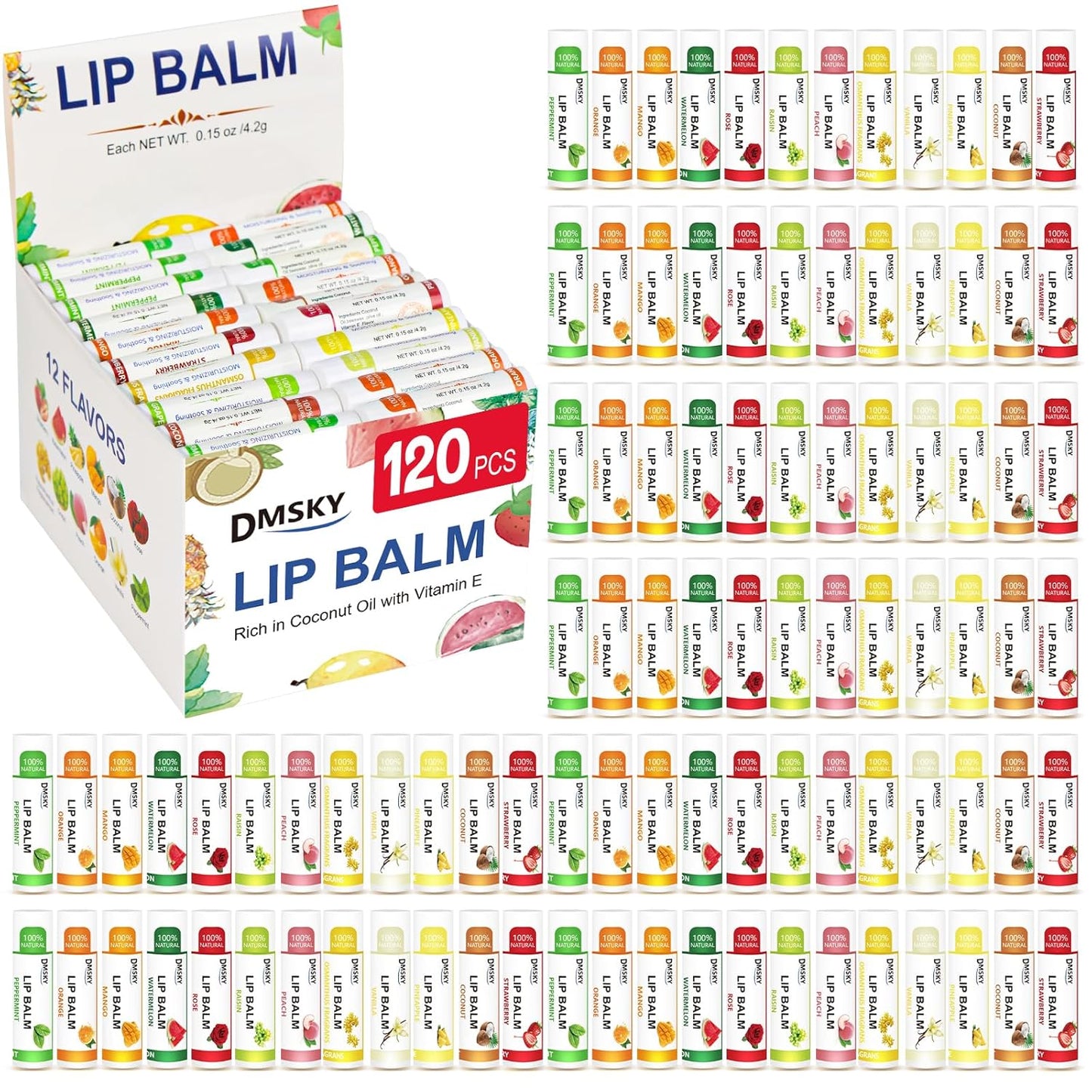 DMSKY 120 Pack Lip Balm, Natural Lip Balm Bulk with Vitamin E and Coconut Oil, Moisturizing Lip Balms for Chapped Lips-12 Flavors