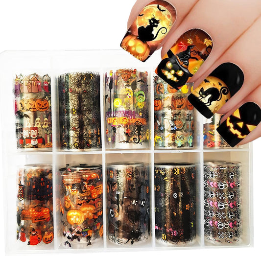 Halloween Nail Art Foils Transfer Stickers Halloween Nail Art Stickers Decals 10Rolls Pumpkin Spider Web Ghost Spider Nail Foils Adhesive Decals Nail Supplies for Women Holiday DIY Manicure Decoration