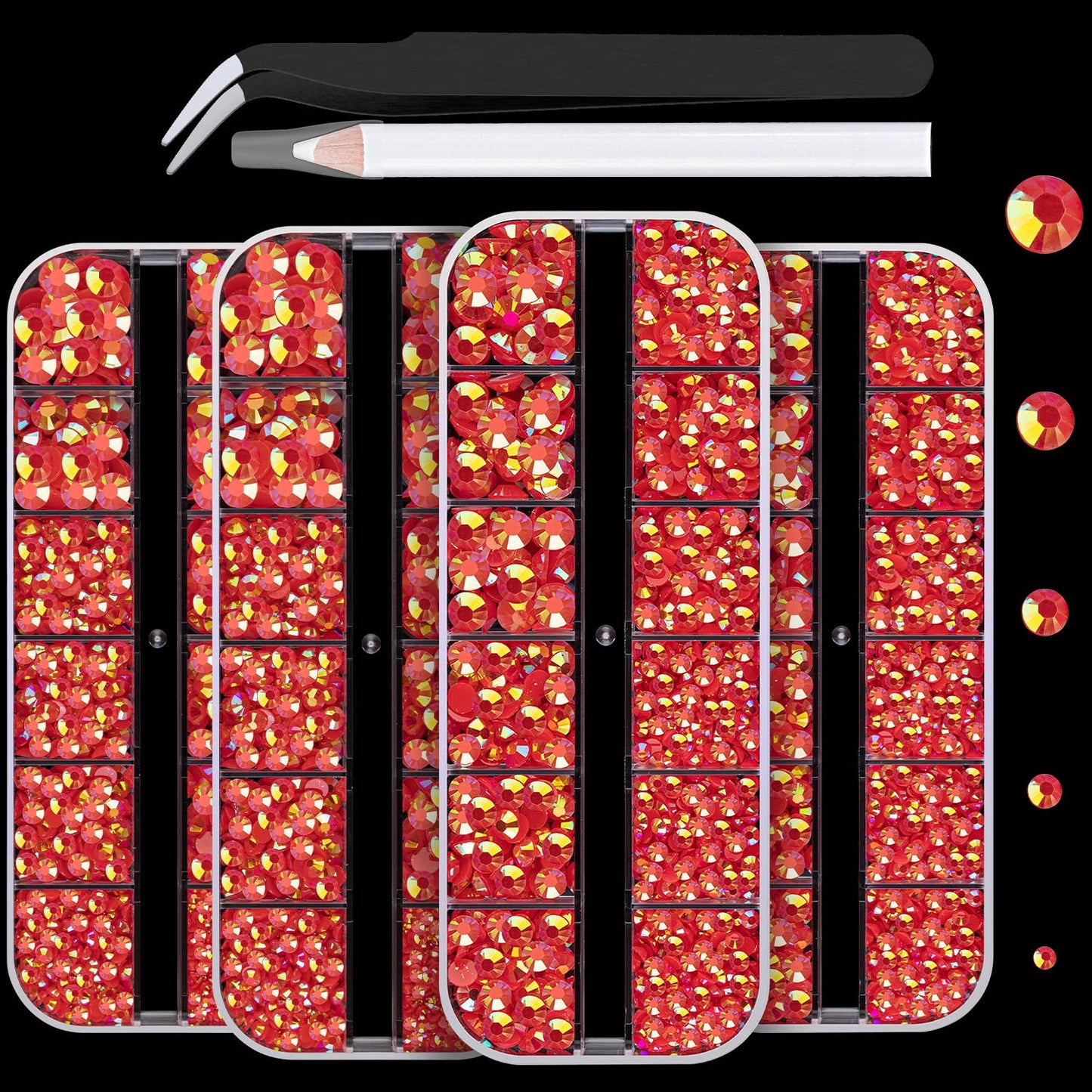 7000PCS Resin Rhinestones with Tweezers for Crafting, 2/3/4/5/6mm Flatback Jelly Rhinestones, 4 Box Red AB Non Hotfix Crystal Gems for DIY Crafts Mugs Tumblers Clothes Makeup Nail
