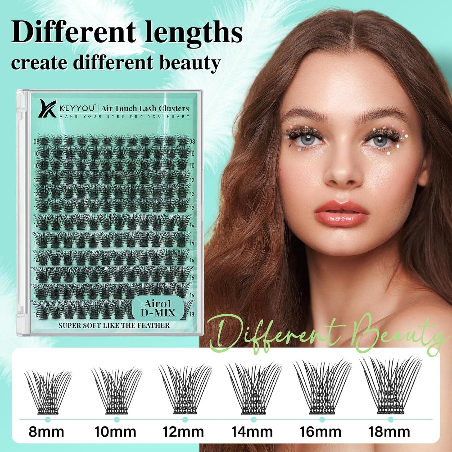 KEYYOU Lash Extension Kit 144pcs Air Touch Lash Clusters with Bond and Seal Lash Applicator Remover D Curl DIY Eyelash Extension Kit Easy to Apply at Home(Air01Kit-D-8-18Mix)