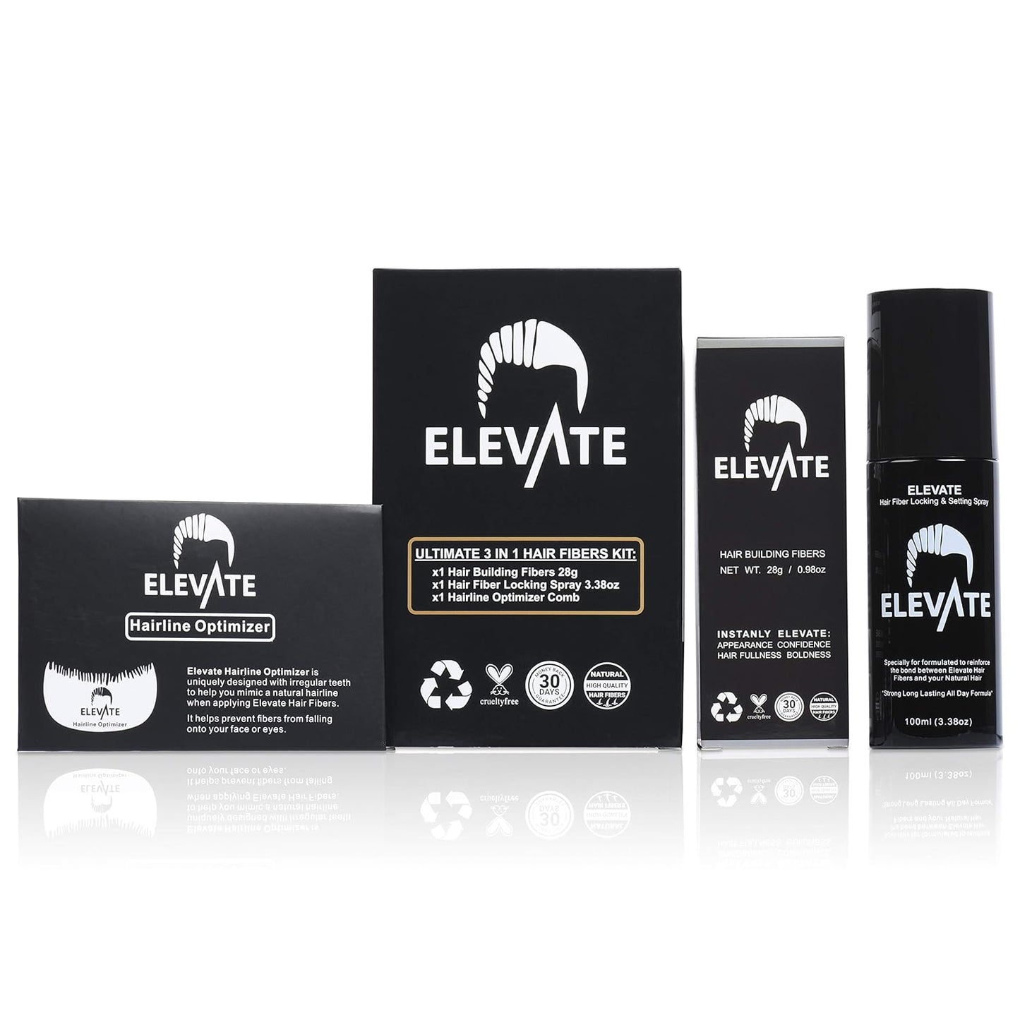 Elevate Hair Building Fibers 3-in-1 Kit for Thinning Hair (Black) Keratin Hair Thickening Powder with Fiber Lock Spray & Hairline Optimizer Comb - Instant Hair Concealer Waterproof for Men & Women
