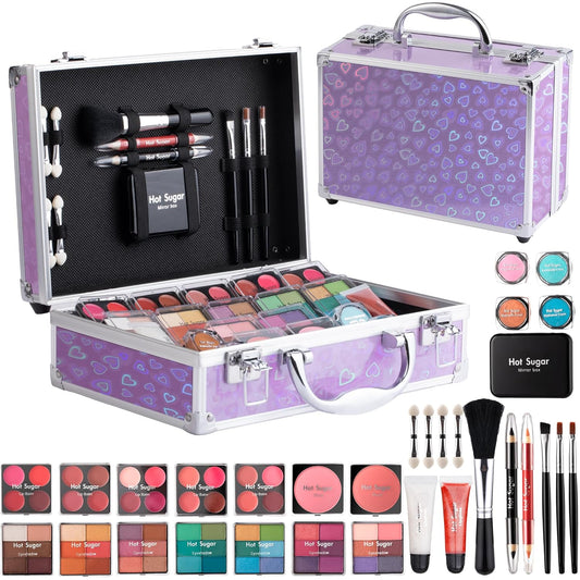 Hot Sugar Makeup Kit for Teenager Girls - Full Starter Cosmetics Set with Eye Shadow Lip Balm Blush Lip Gloss Brush Lip Pencil Eye Pencil and Mirror (Purple Love)