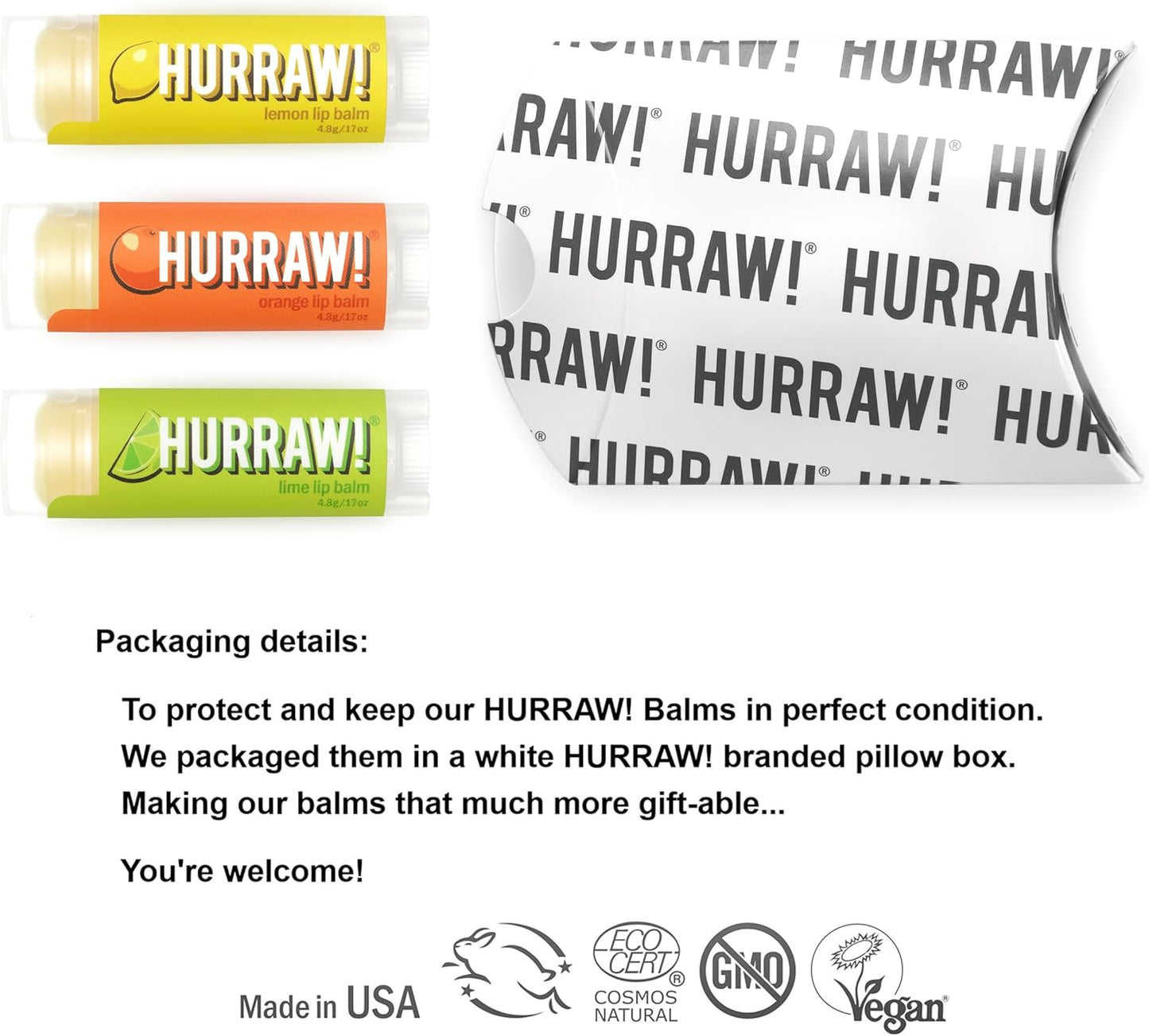 Hurraw! Lemon, Orange, Lime Lip Balms, 3 Pack Bundle: Organic, Certified Vegan, Cruelty and Gluten Free. Non-GMO, 100% Natural Ingredients. Bee, Shea, Soy and Palm Free. Made in USA