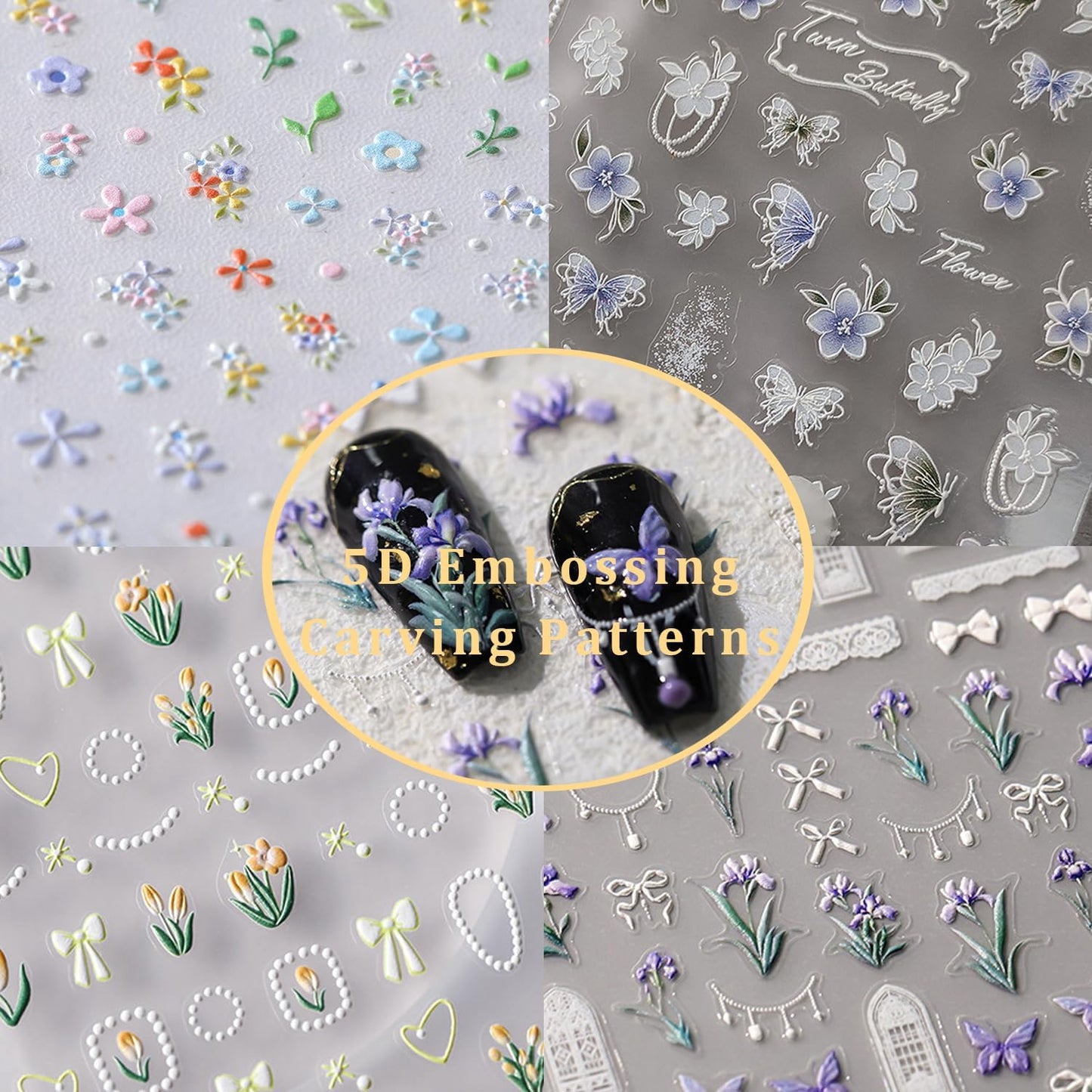 Flower Nail Stickers 5D Embossed Nail Art Stickers Decals Self-Adhesive Tulips Floral Bows Spring Summer Nail Art Design Decoration Accessories(1, Tupis)