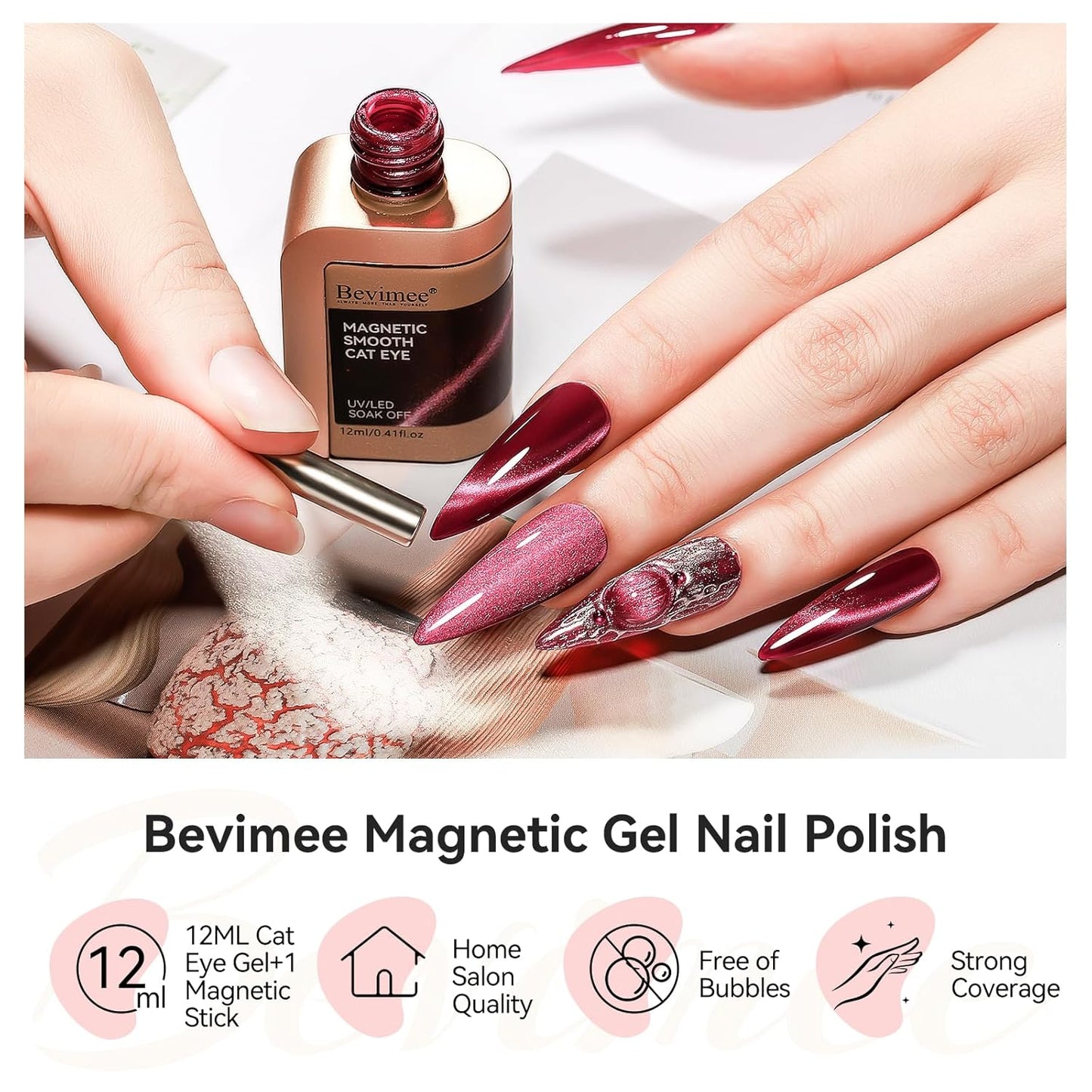 Cat Eye Gel Nail Polish, Burgundy Red Glitter Magnetic Gel Polish Moonlight, Cateye Gel Polish With Magnet Wine Red Holographic Shimmer UV Velvet Manicure Salon DIY Home, 12ML