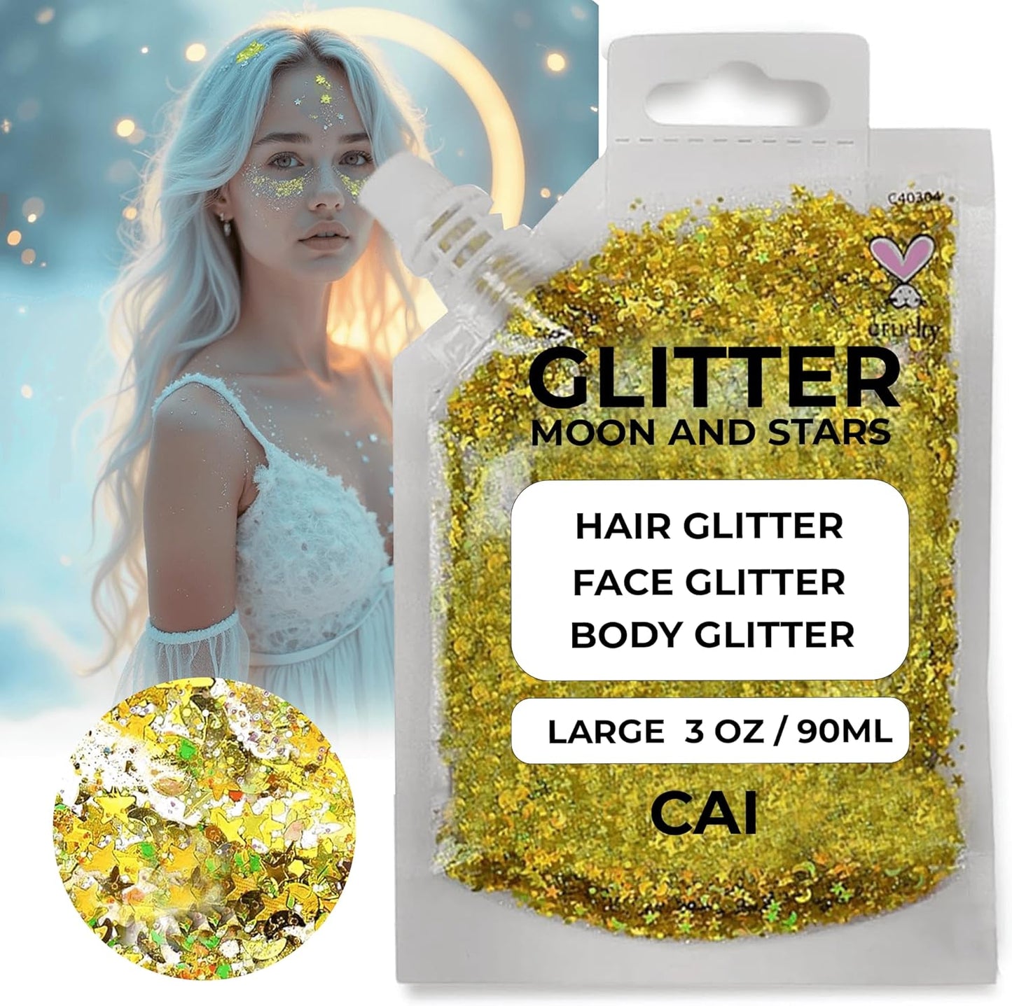 Face, Body & Hair Glitter Gel – Halloween Glitter for Kids and Women – 3 Oz Cosmetic-Grade Gel w/Moon & Stars for Festivals & Halloween Party, Easy Apply & Wash Off - Silver/Gold 2Pack