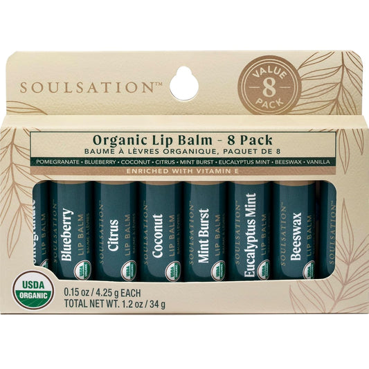 Organic Lip Balm Set, 8 Flavors - Moisturizing for Cracked & Dry Lips, For Men & Women
