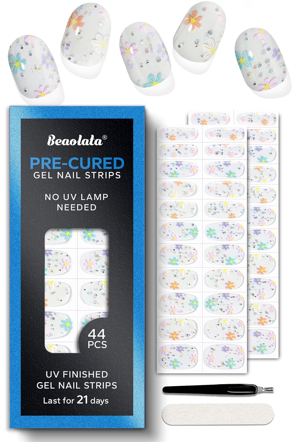 Pre Cured Gel Nail Strips - 44PCS Salon Quality Gel Nail Stickers - Long Lasting Polish Wraps for Women no UV Light Needed Easy Apply& Remove (Flower Sliver)