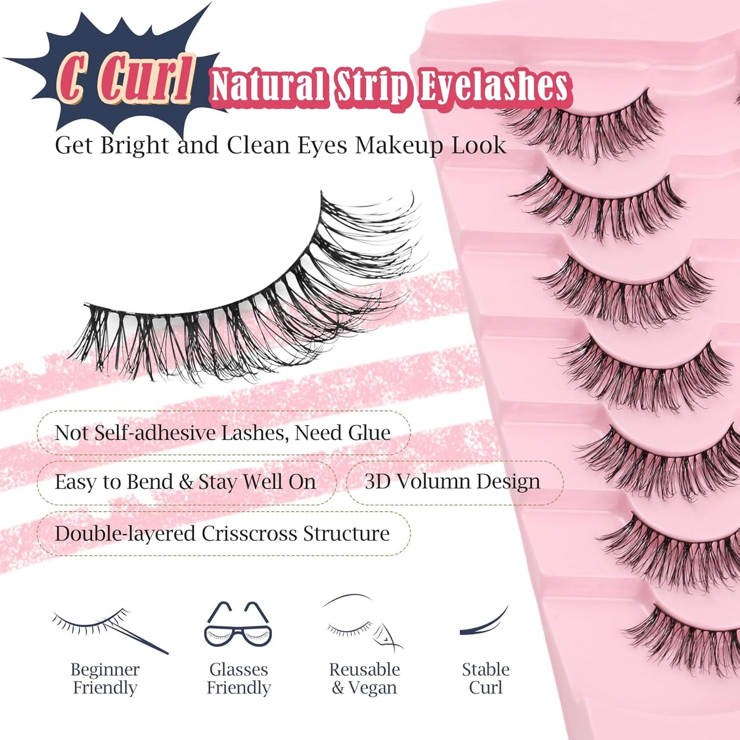 Natural Eyelashes 3D Volume Fake Lashes Lash Strips 7 Pair Siligli