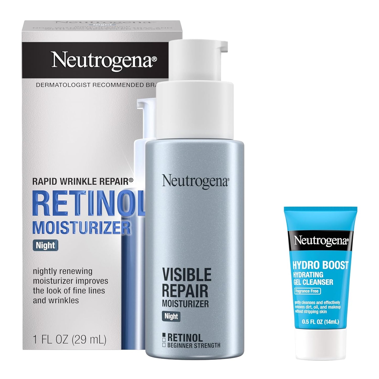 Neutrogena Rapid Wrinkle Repair Retinol Face Moisturizer Night Cream, Anti-Aging Face Cream with Retinol & Hyaluronic Acid, 1 fl. oz + Trial Size Hydro Boost Facial Cleanser, 0.5 fl. oz