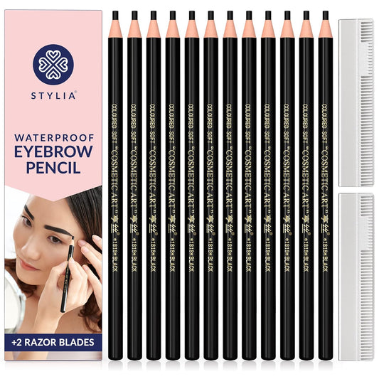 Stylia Waterproof Eyebrow Pencils For Women – Long-Lasting Microblading Supplies Brow Pencil, Perfect for Eyebrow Shaper, Filling & Defining Natural-Looking Brow - (12PC Dark Brown)