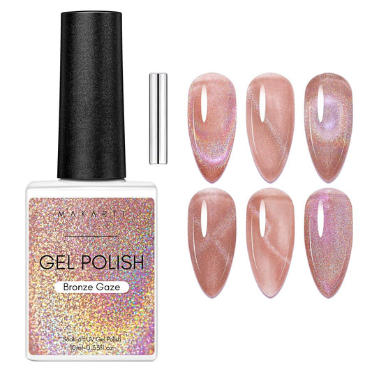 Makartt Cat Eye Gel Nail Polish: Universal Rainbow Holographic Gel Polish Bronze Gaze Sparkly Glitter Unique Magnetic Effect Nail Gels for DIY Nail Art UV LED Soak Off Manicure 10ml
