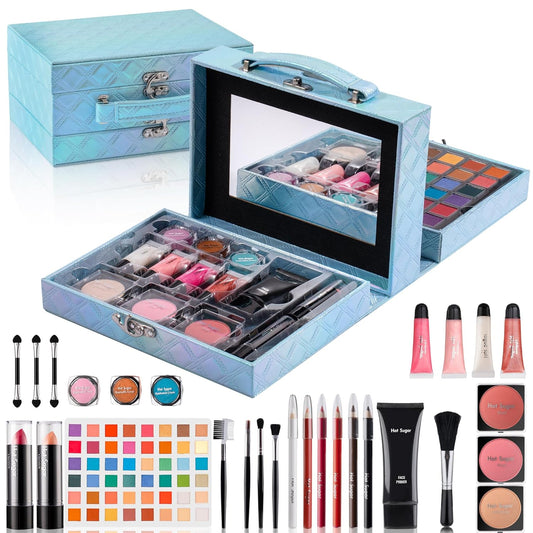 Hot Sugar Makeup Kit for Preteen Girls 10-12, Birthday Christmas Makeup Gift Set for Teens 16-18, All in One Beginner Makeup Kit for Women Full Kit (Blue Diamond)