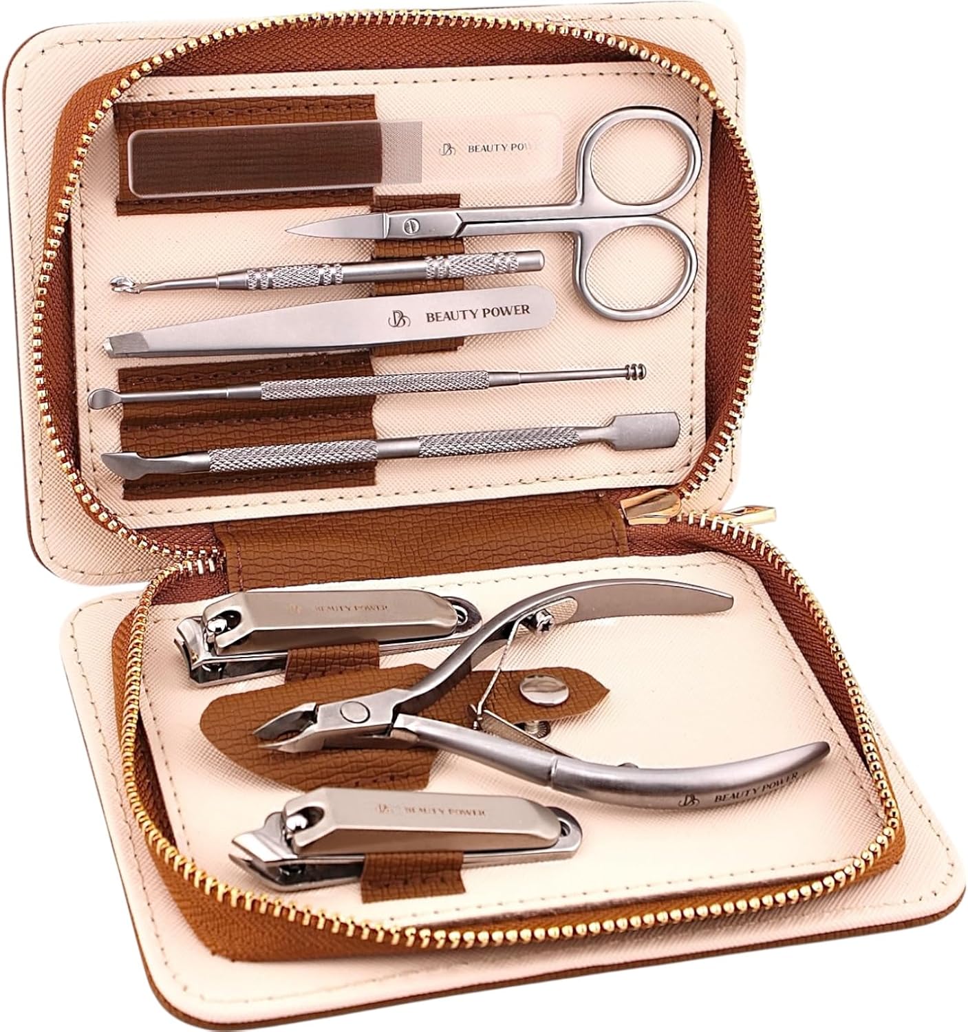 9 in 1 Professional Manicure Pedicure Set - Stainless Steel Nail Clippers, Nano File, Cuticle Nipper, Scissors, Tweezers, Travel PU Leather Case for Men & Women - Gift Ready (Brown)