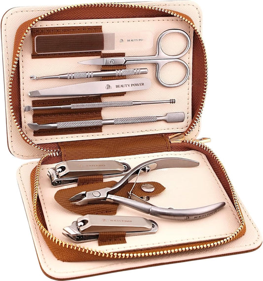 9 in 1 Professional Manicure Pedicure Set - Stainless Steel Nail Clippers, Nano File, Cuticle Nipper, Scissors, Tweezers, Travel PU Leather Case for Men & Women - Gift Ready (Brown)
