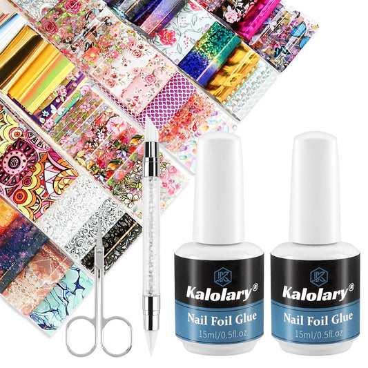 Kalolary 30ML Nail Foil Glue Gel with 80Pcs Foil Transfer Stickers Set, Holographic Nail Art Transfer Stickers DIY Decoration for Salon or Home Use