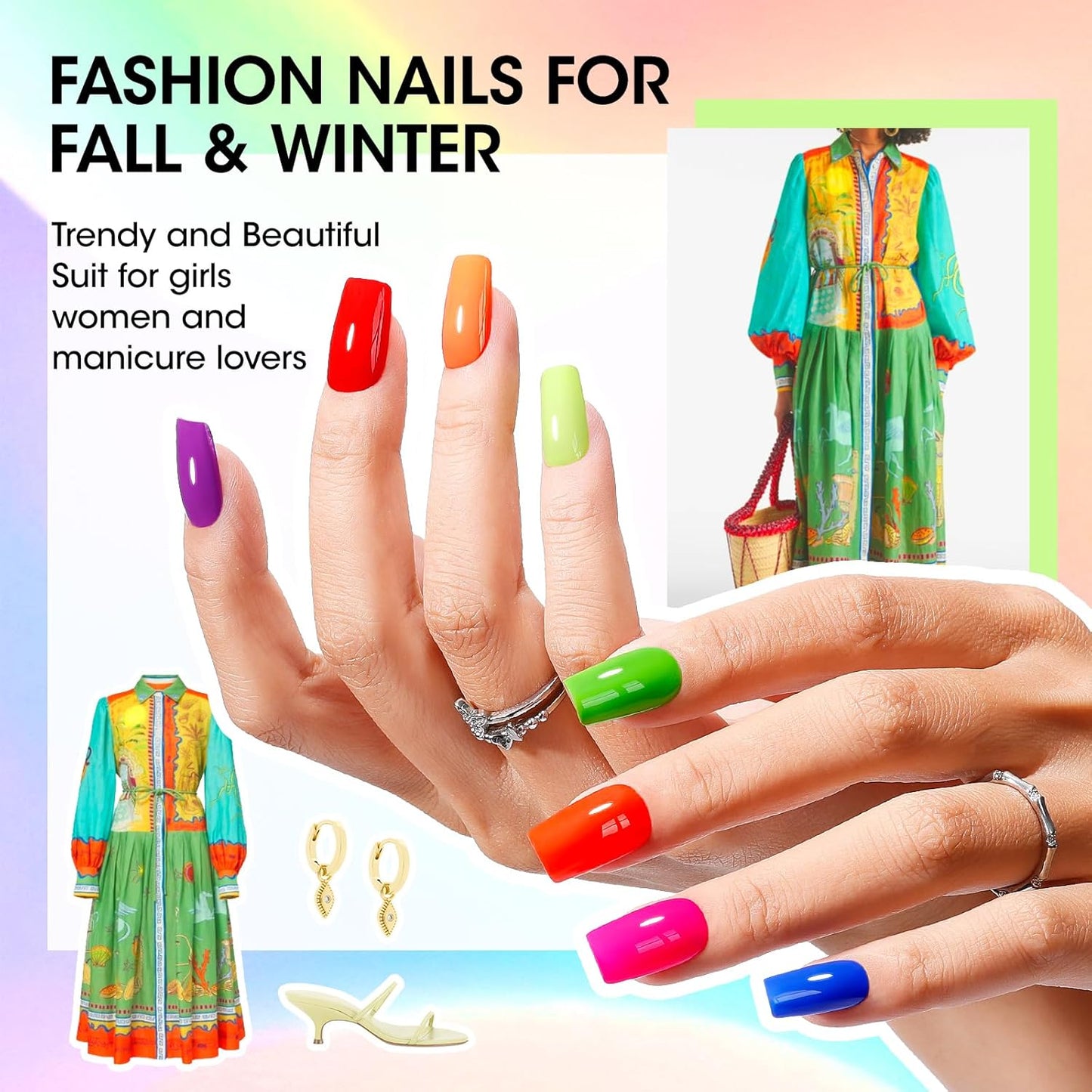 GELLEN Bright Neon Nail Polish Set, Quick Air Dry Regular Nail Polish Vibrant Rainbow 12 Colors Set for Fingernail Toe Nails Salon Home, Hema Free, Non-toxic, Red Pink Blue Green Purple Orange Yellow