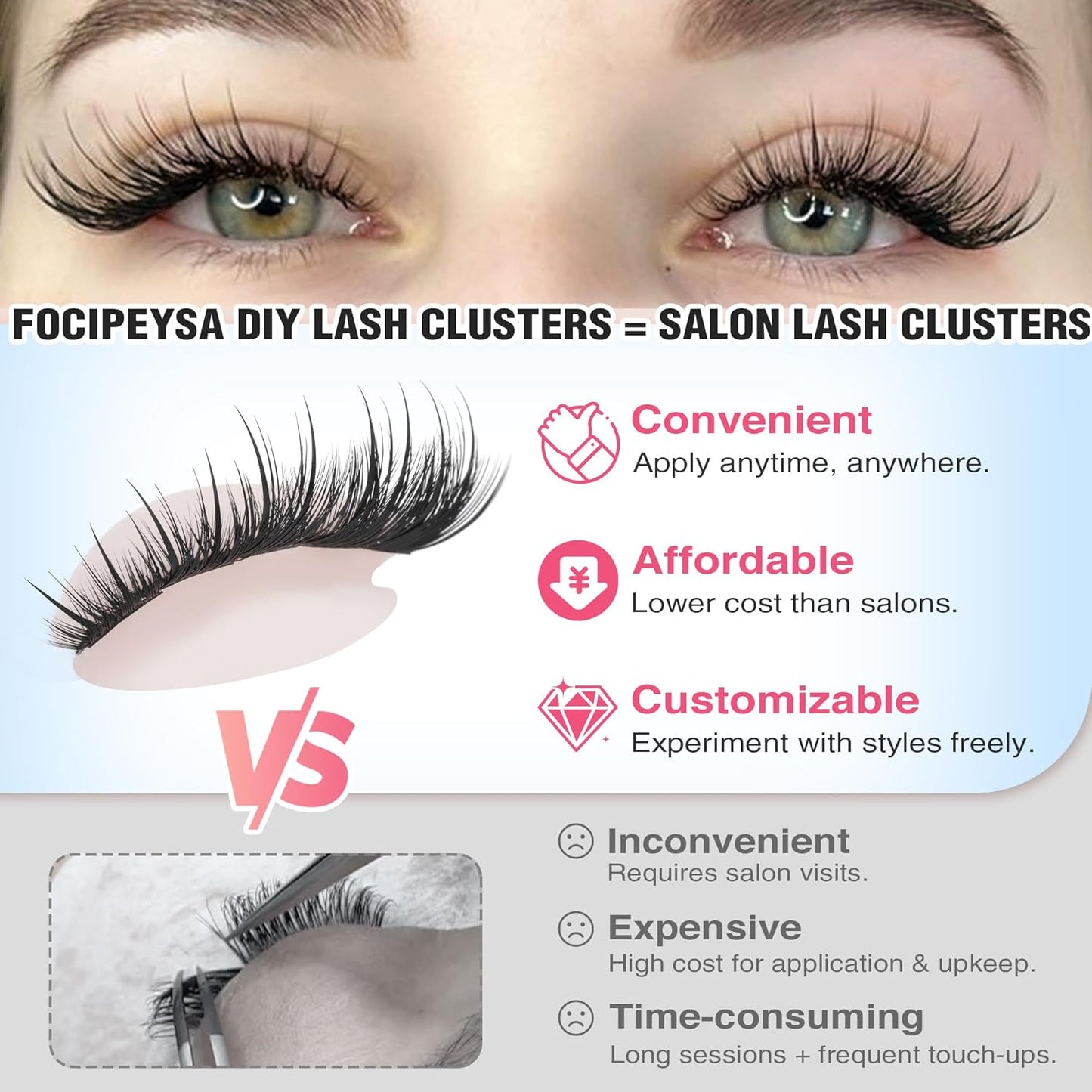Focipeysa Wispy Lash Clusters Salon Effect Clusters Eyelash Extensions Volume Eyelashes Cluster Natural Lashes Extensions 10-16mm Individual Lashes DIY Clusters Lash Extensions at Home C Curly