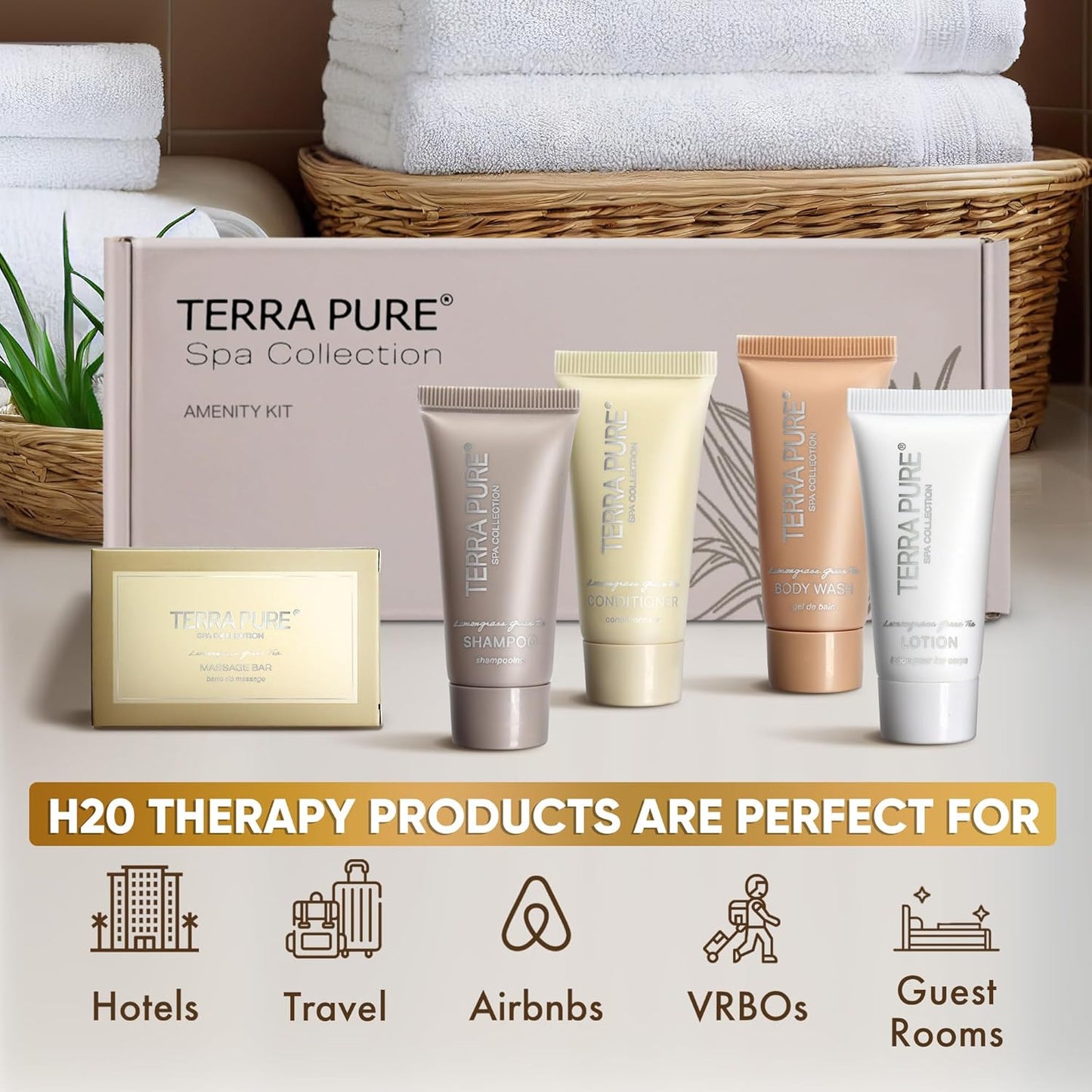 Terra Pure Spa Collection Amenity Kit | Hotel Toiletries | Bulk Set 0.85 oz Travel Size Shampoo,Conditioner, Lotion, Body Wash & Massage Bar for Guest Hospitality AirBnB/Vacation Rentals |1 set/ case